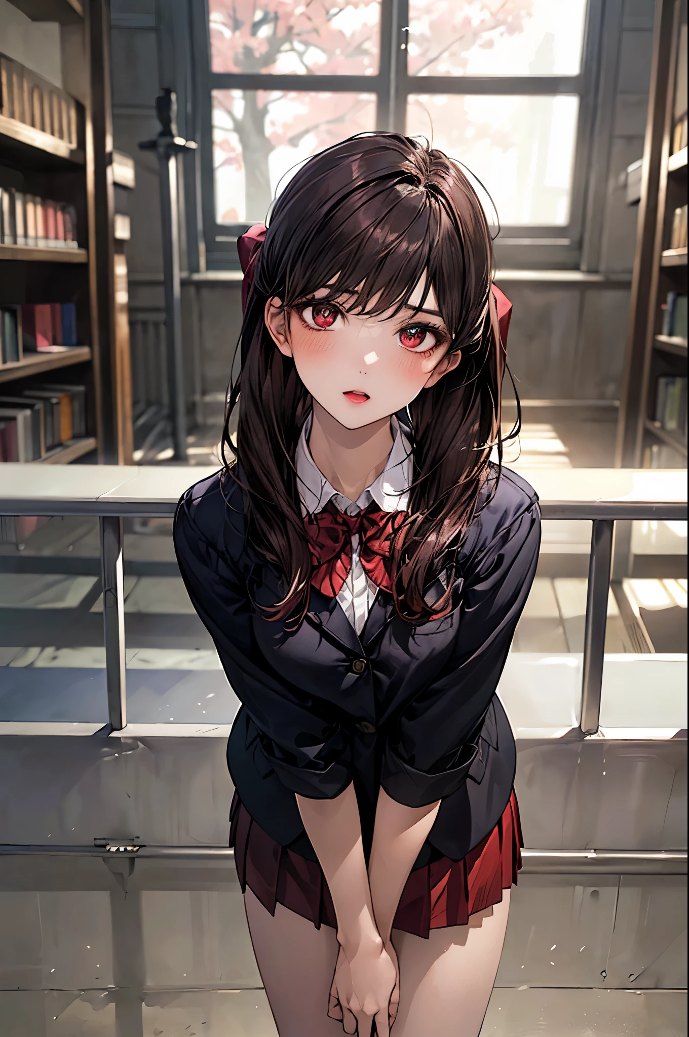 (masterpiece:1.2, top-quality), (realistic, photorealistic:1.4), beautiful illustration, (natural side lighting, movie lighting), nsfw,
looking at viewer, (face focus, upper body), 1 girl, japanese, high school girl, perfect face, cute and symmetrical face, shiny skin,
(long hair:1.5, twintails:1.4, dark brown hair), asymmetrical bangs, 2 hairpin, dark red eyes, glowing eyes, big eyes, drooping eyes, long eye lasher, (medium breasts), slender, dark red hair ribbon,
beautiful hair, beautiful face, beautiful detailed eyes, beautiful clavicle, beautiful body, beautiful chest, beautiful thigh, beautiful legs, beautiful fingers,
((komi_sch, dark red and dark brown school jacket, white collared shirts, dark red mini skirt), dark red bow tie),
(beautiful scenery), evening, (school library), standing, leaning forward, arms behind back, (:o, smile, head tilt),