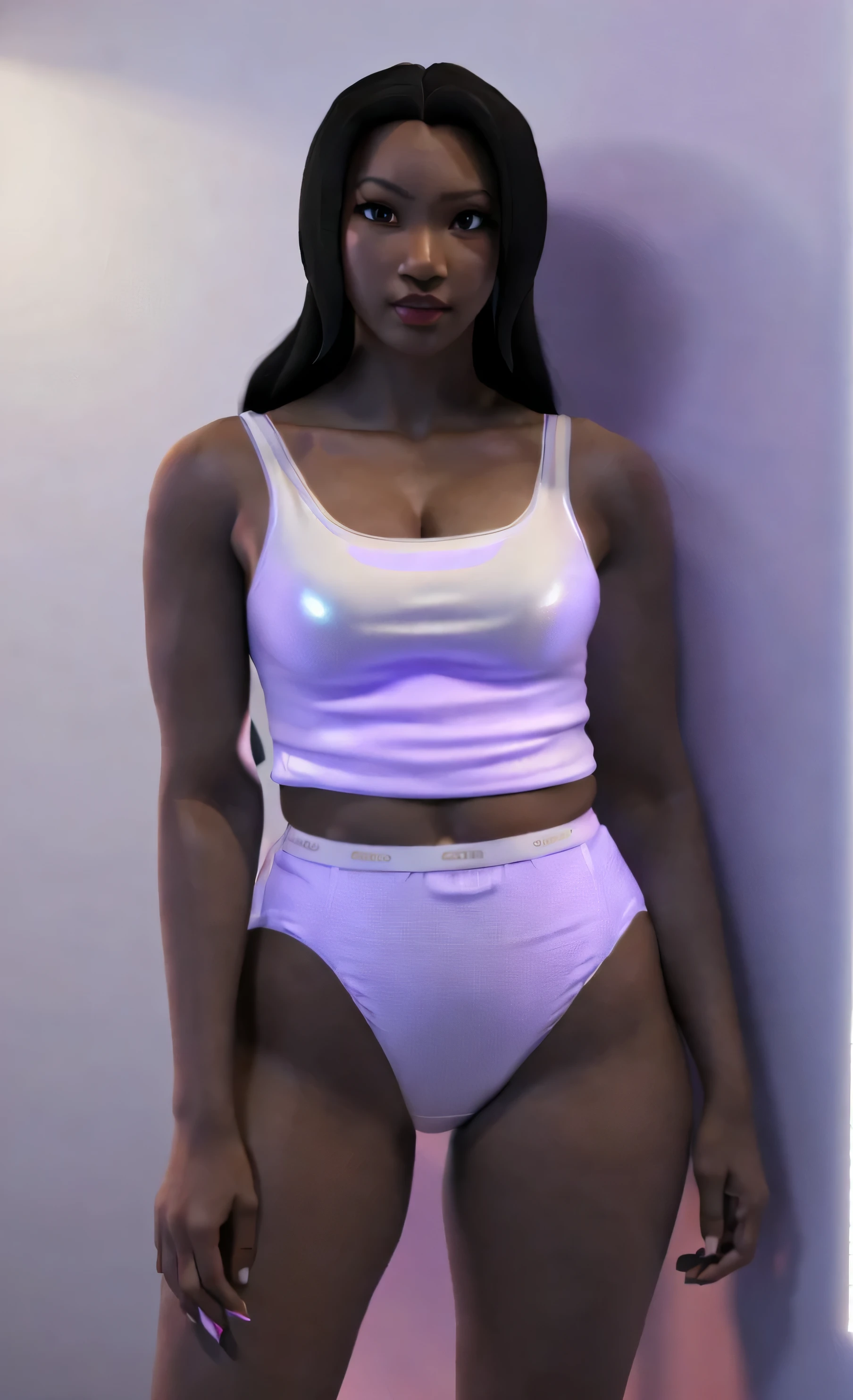 ((((masterpiece, best quality)))), ((33 year old)), (((Curvy))), ((((Blasian woman with long black hair))), in ((light purple tanktop)), ((((white high cut panties)))), (((Large Hips))), ((standing in a messy bedroom)), (smirking), (((3d animated movie art style)))