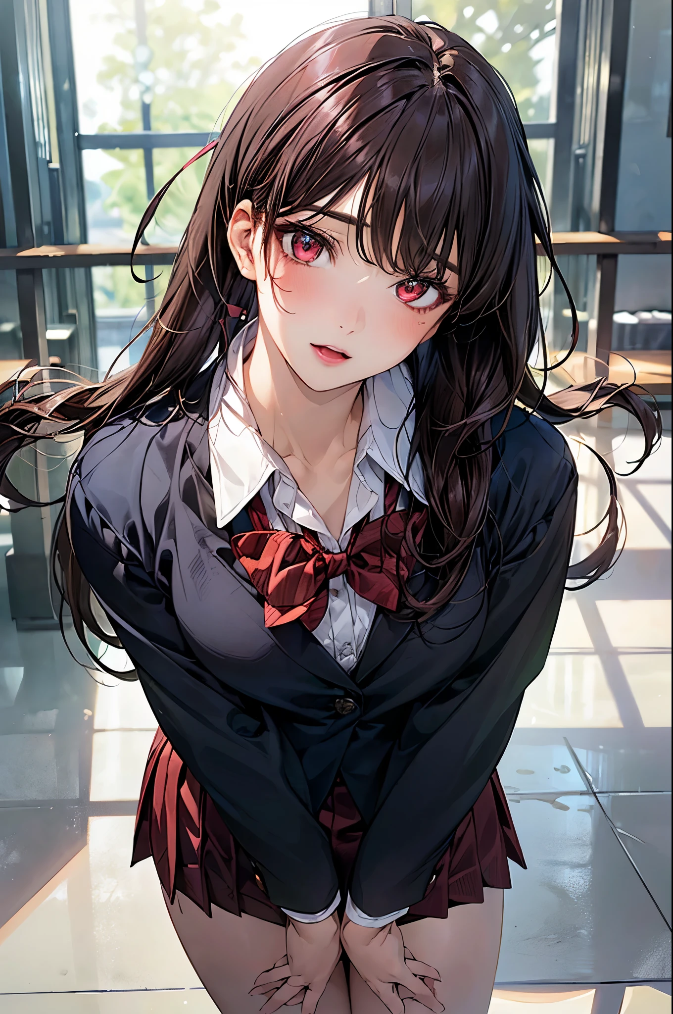 (masterpiece:1.2, top-quality), (realistic, photorealistic:1.4), beautiful illustration, (natural side lighting, movie lighting), nsfw,
looking at viewer, (face focus, upper body), 1 girl, japanese, high school girl, perfect face, cute and symmetrical face, shiny skin,
(long hair:1.5, twintails:1.4, dark brown hair), asymmetrical bangs, 2 hairpin, dark red eyes, glowing eyes, big eyes, drooping eyes, long eye lasher, (medium breasts), slender, dark red hair ribbon,
beautiful hair, beautiful face, beautiful detailed eyes, beautiful clavicle, beautiful body, beautiful chest, beautiful thigh, beautiful legs, beautiful fingers,
((komi_sch, dark red and dark brown school jacket, white collared shirts, dark red mini skirt), dark red bow tie),
(beautiful scenery), evening, (school library), standing, leaning forward, arms behind back, (:o, smile, head tilt),