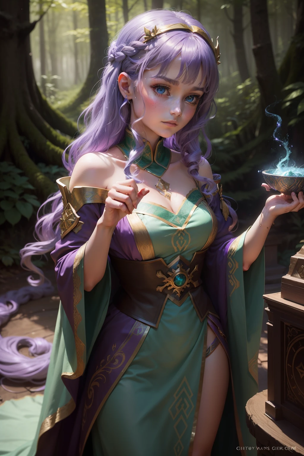 In the heart of a serene forest, a young girl magician named Lyra stands before an ancient altar. The enchanting scene unfolds in a captivating 4:3 aspect ratio. With her sparkling green and blue eyes, Lyra focuses intently on the intricate symbols etched into the tabletop. Her curly hair cascades down her shoulders, framing her determined face. She wears a flowing tunic adorned with magical emblems, a vibrant touch of purple tinged throughout.
As her fingers trace the symbols in the dust, dazzling green and blue light begins to swirl around her, illuminating the forest floor. The gentle, eth