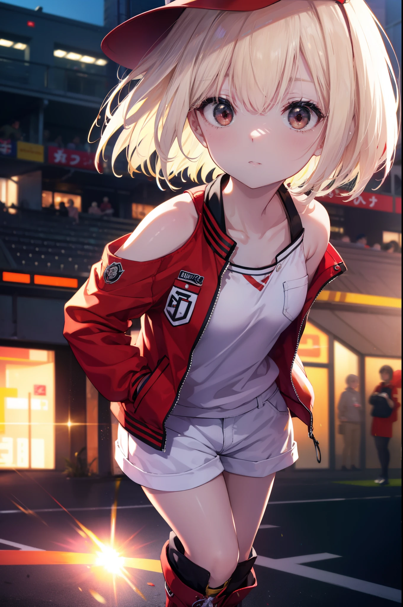 chisatonishikigi, nishikigi chisato, short hair, bangs, blonde hair, (red eyes:1.5), one side up, bob cut,Oversized stadium jacket The front is open,bare shoulders,bare clavicle,White sleeveless shirt,shorts,short boots,I put my hands in my stadium jacket pockets.,baseball hat,歩いてる
break outdoors, In town,building street,
break (masterpiece:1.2), highest quality, High resolution, unity 8k wallpaper, (figure:0.8), (detailed and beautiful eyes:1.6), highly detailed face, perfect lighting, Very detailed CG, (perfect hands, perfect anatomy),