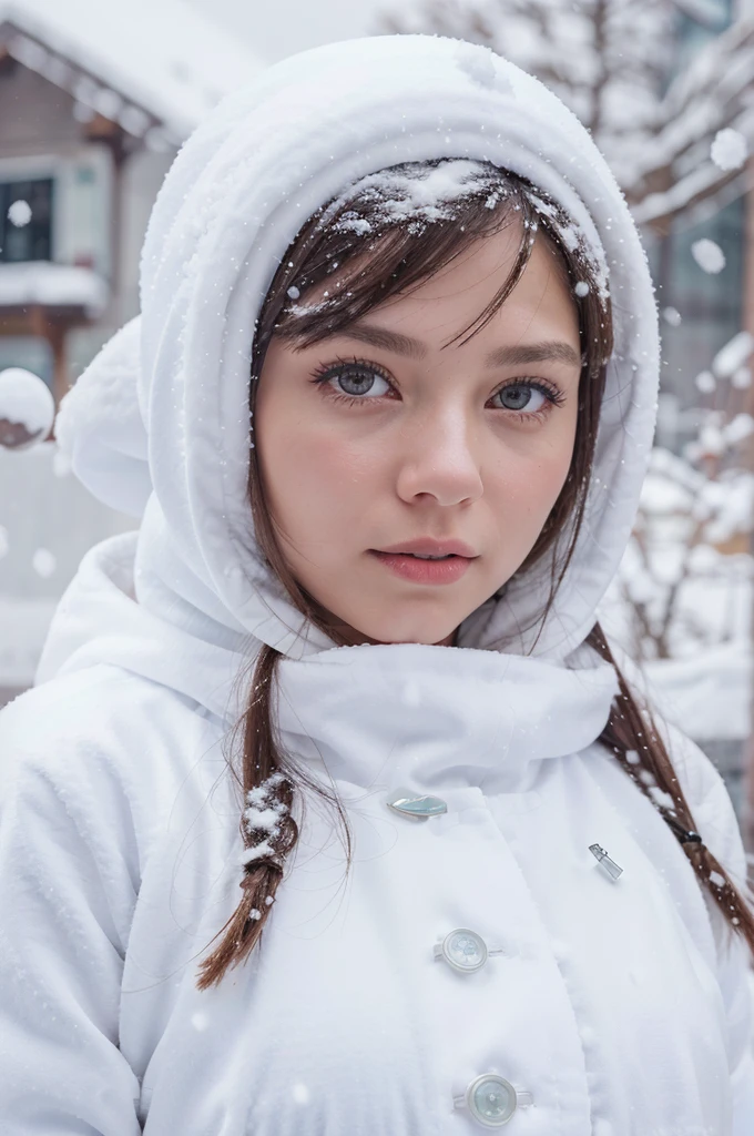snowgirl with olive eyes, house background, snowy mountains, snowing, Zoom Lens Shot, (((masterpiece))), (((best quality))), (((extremely detailed, 8k)))
