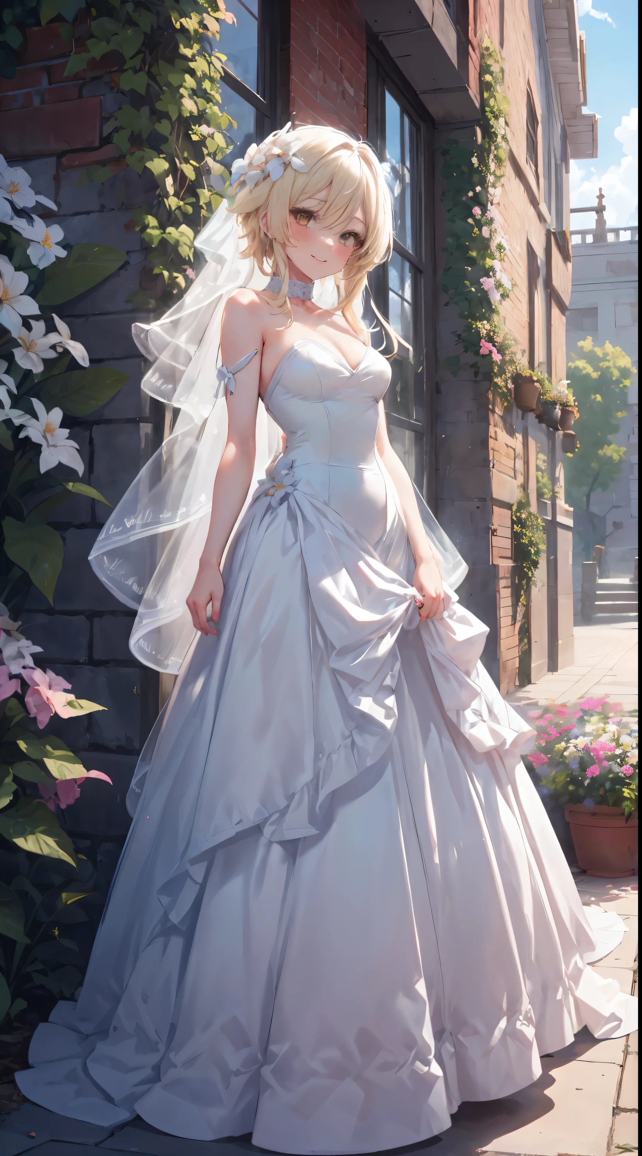 light | Genshin Effects, Masterpiece, best quality, 1 girl,25 years old, proportion body, proportion., long hair, wedding dress, wedding dressสีขาว, long skirt, Medium bust, ,only, choker, standing in the middle of a flower garden, outdoor, The sky is beautiful, arms behind, attached to the wall, Looking at the audience from the front., thigh strap, tilt your head, bored, 10, 10, high resolution, smile a little,