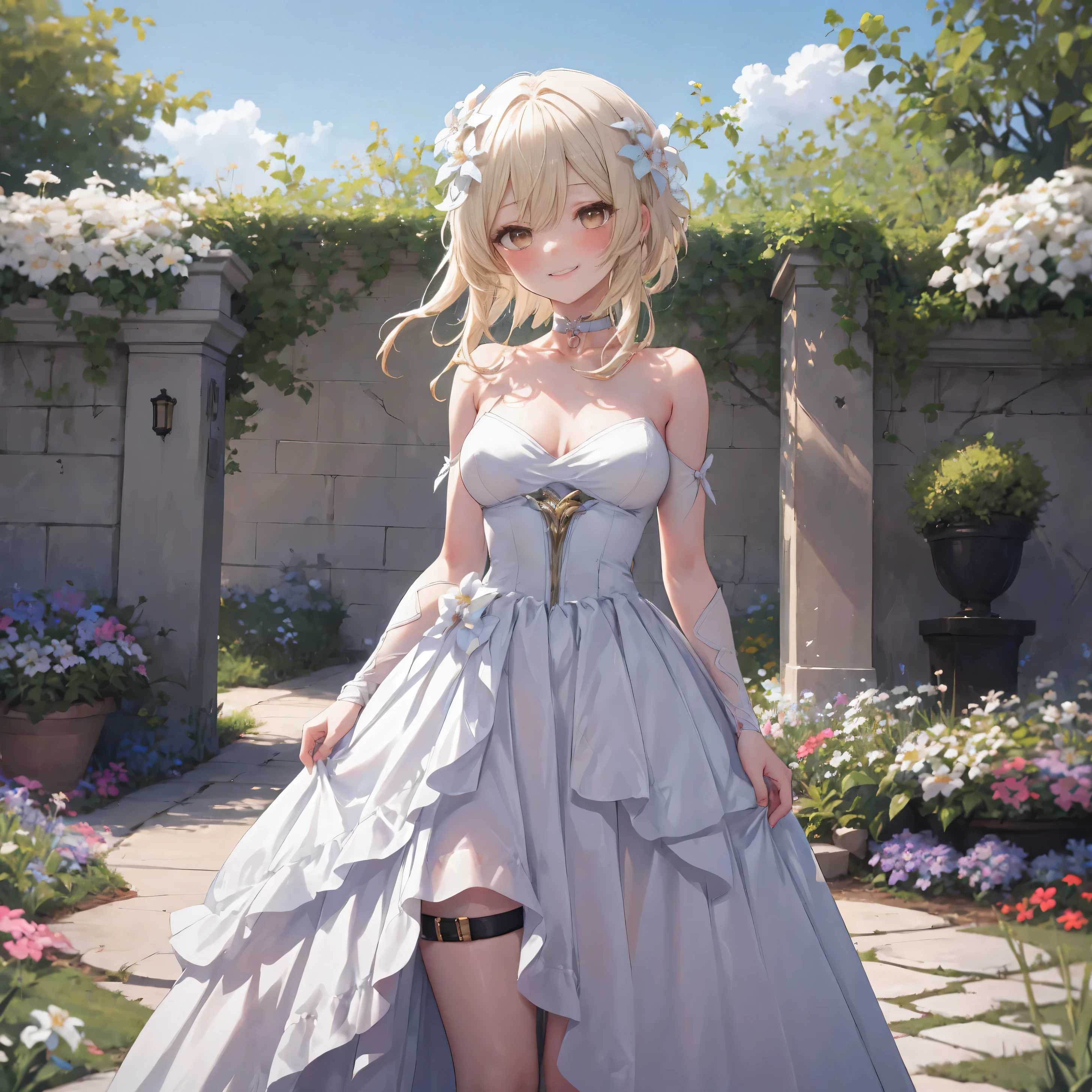 light | Genshin Effects, Masterpiece, best quality, 1 girl,25 years old, proportion body, proportion., long hair, wedding dress, wedding dressสีขาว, long skirt, Medium bust, ,only, choker, standing in the middle of a flower garden, outdoor, The sky is beautiful, arms behind, attached to the wall, Looking at the audience from the front., thigh strap, tilt your head, bored, 10, 10, high resolution, smile a little,