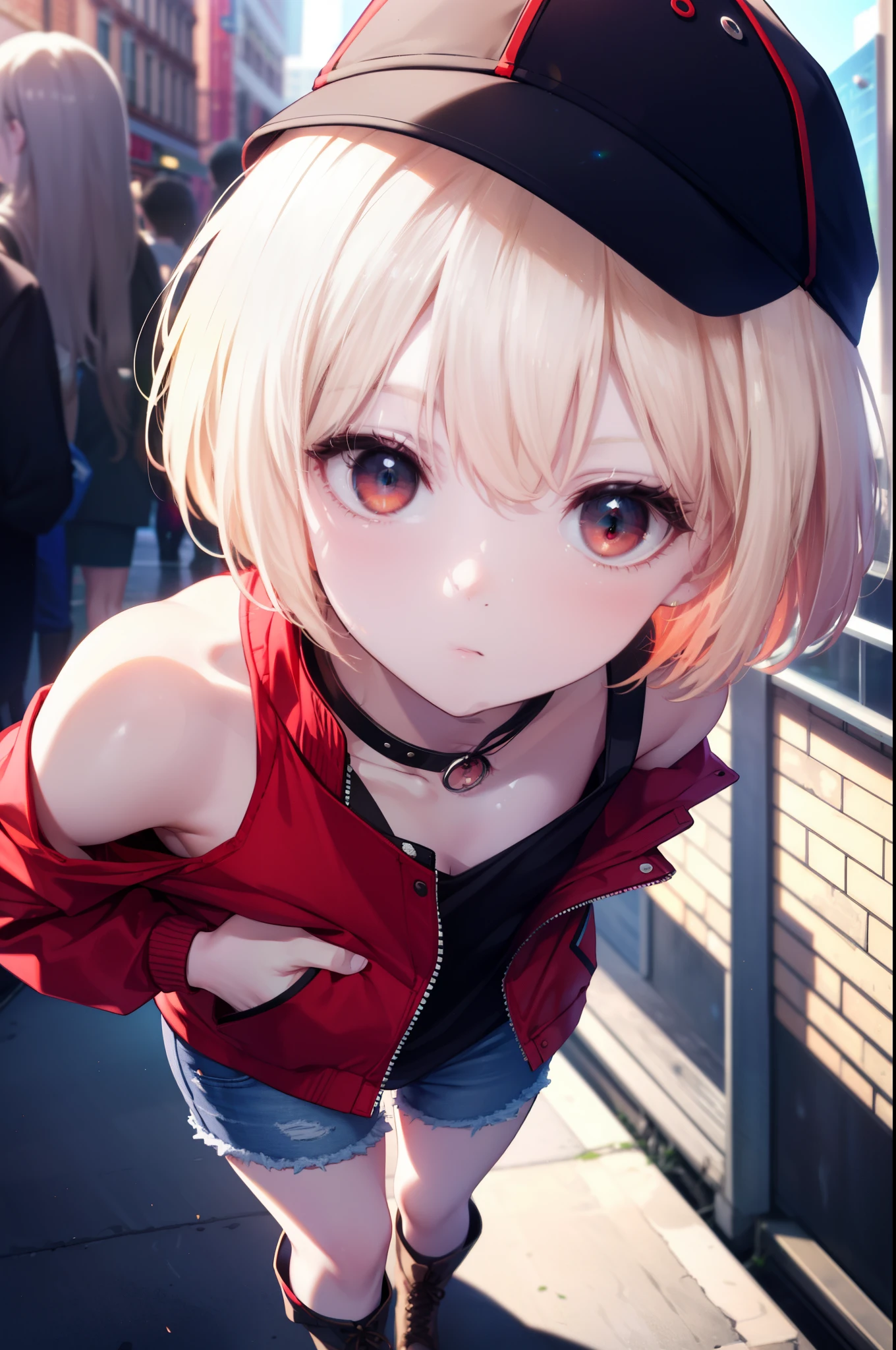 chisatonishikigi, nishikigi chisato, short hair, bangs, blonde hair, (red eyes:1.5), one side up, bob cut,Oversized stadium jacket The front is open,bare shoulders,bare clavicle,White sleeveless shirt,short denim,short boots,I put my hands in my stadium jacket pockets.,baseball hat,歩いてる
break outdoors, In town,building street,
break (masterpiece:1.2), highest quality, High resolution, unity 8k wallpaper, (figure:0.8), (detailed and beautiful eyes:1.6), highly detailed face, perfect lighting, Very detailed CG, (perfect hands, perfect anatomy),