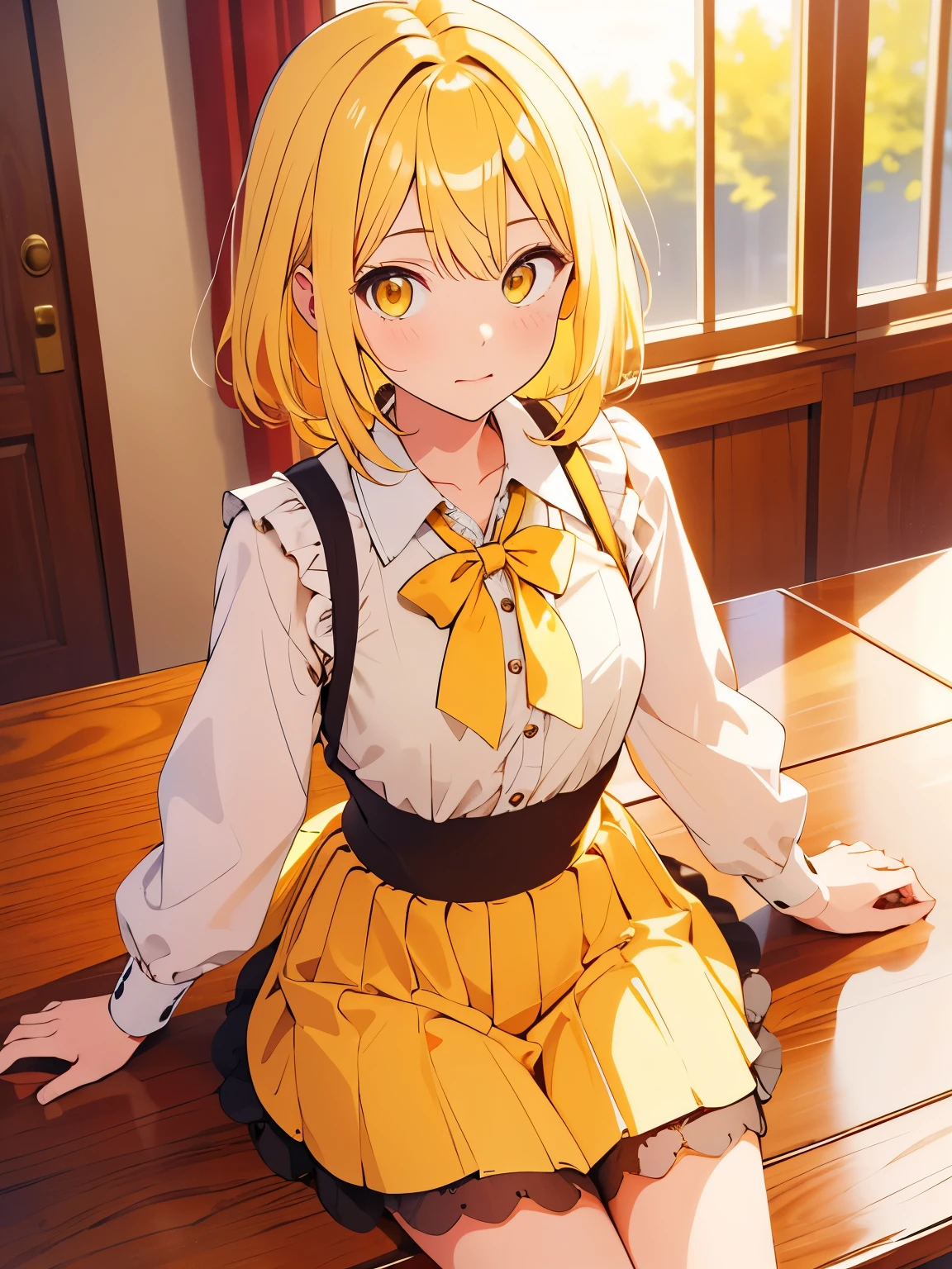 (highest quality,table top:1.2),1 girl,cute style,adorable,highly detailed eyes,highly detailed face,yellow eyes,yellow hair,very fine hair,About Hipder,8k,solve,high school girl,Idol,