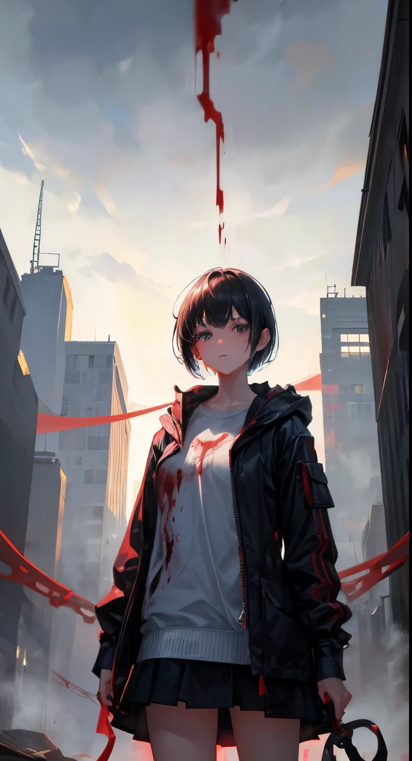 a girl,short hair,There is blood on the body,The background is the city,Heavy fog,fog,daytime,doomsday style