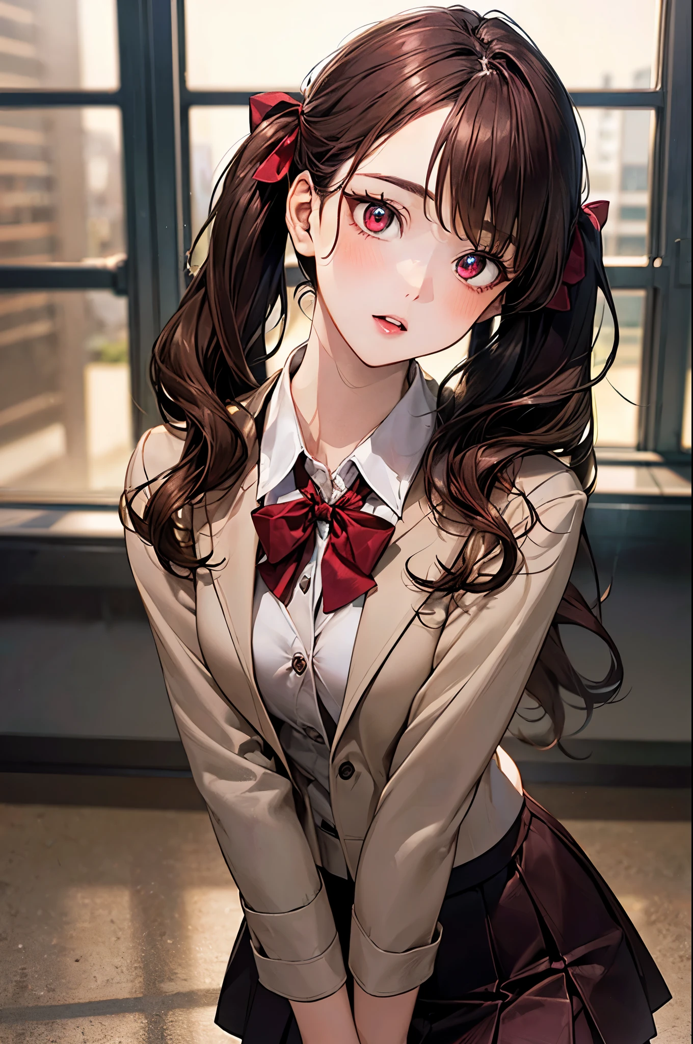 (masterpiece:1.2, top-quality), (realistic, photorealistic:1.4), beautiful illustration, (natural side lighting, movie lighting), nsfw, 
looking at viewer, (face focus, upper body), 1 girl, japanese, high school girl, perfect face, cute and symmetrical face, shiny skin, 
(long hair:1.5, twintails:1.4, dark brown hair), asymmetrical bangs, 2 hairpin, dark red eyes, glowing eyes, big eyes, drooping eyes, long eye lasher, (medium breasts), slender, dark red hair ribbon, 
beautiful hair, beautiful face, beautiful detailed eyes, beautiful clavicle, beautiful body, beautiful chest, beautiful thigh, beautiful legs, beautiful fingers, 
((komi_sch, dark red school jacket, dark brown pocket, white collared shirts, dark red mini skirt), dark red bow tie), 
(beautiful scenery), evening, (school library), standing, leaning forward, arms behind back, (:o, smile, head tilt), 
