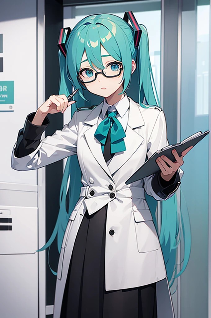 Hatsune Miku in a white trench coat with glasses and a clipboard and pen in her hand