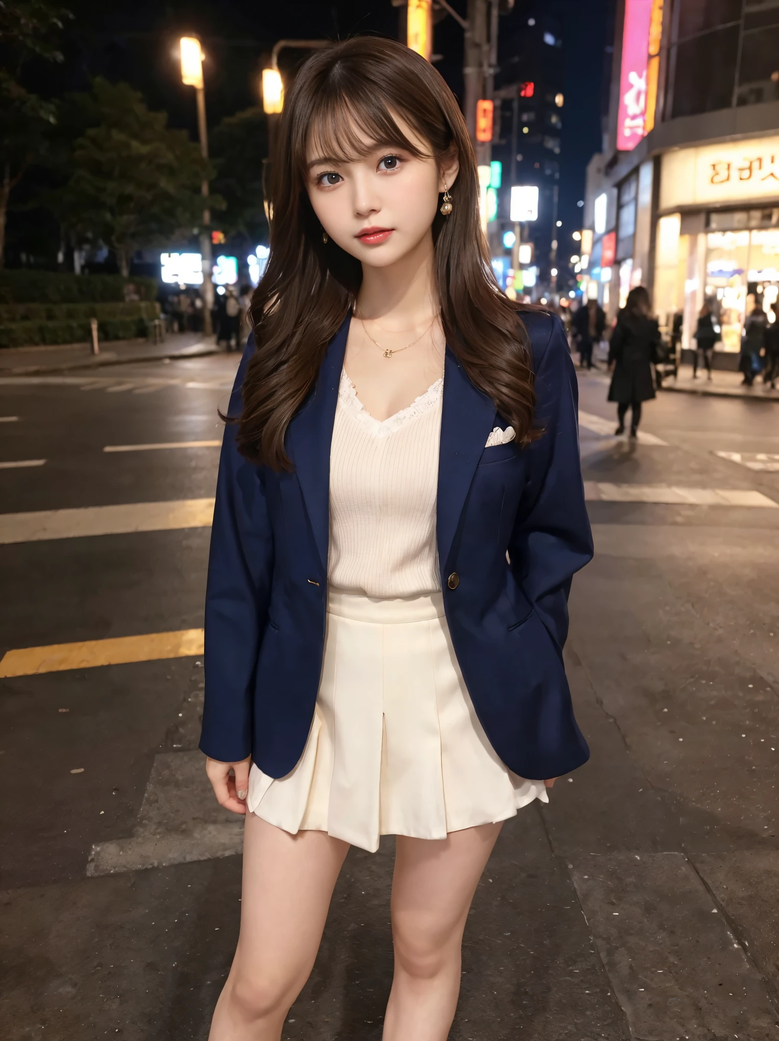 (((32K,very high resolution, high detail, very accurate,masterpiece girl 1))),RAW photo & realistic atmosphere,beautiful dark blue eyes,detailed mouth,glossy lips,fine eyebrows,Soft white skin that shines in every detail,,detailed eyes、Very beautiful eyes with deep blue eyes,lip details、very beautiful face,very well-shaped face、lifelike face,shining beautiful lips,beautiful eyebrows,infinite reality,best design,（A very cute plain Japanese 17 year old high school girl,toned body,thighs thighs thighs,thin legs,Beautifully shaped breasts,She is a very cute beautiful girl,：1.5）,best natural makeup,japanese id,korean idol,Young sensual idols,Moist eyes,dark beautiful eyes,beautiful butt,beautiful feet,,camel&#39;s foot,：1.3),Super high resolution、,natural and realistic face,Backlight,Her pure eyes are too cute,(((photorealism,Take a full body photo))),,real live action,（stylish looking earrings,,necklace,bracelet,gyuru,shiny nail art,girly clothes装,,girly clothes,Dress up elegantly like a maiden,tailored jacket,Elegant beautiful skirt,Cute fashionable girl,Light brown soft permed medium hair,solo,,chew a little,Full body Esbian：1.7）,Shibuya night（turned around：1.5）