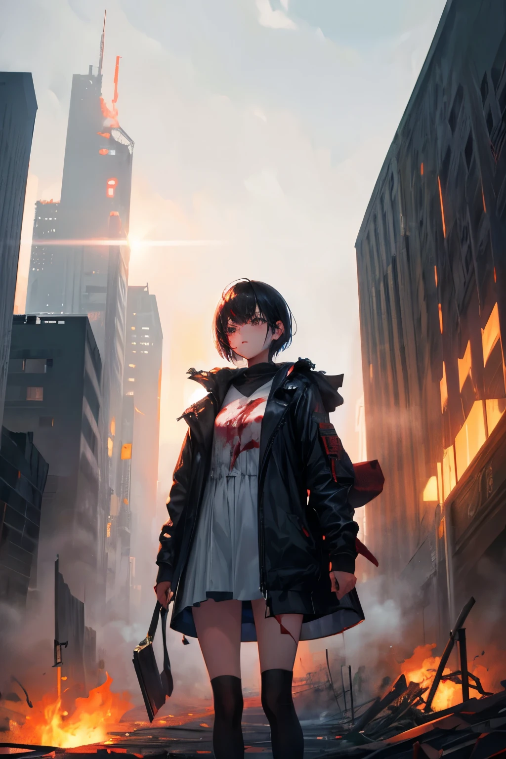 a girl,short hair,There is blood on the body,The background is the city,Heavy fog,fog,daytime,doomsday style,ruins,Burning ground