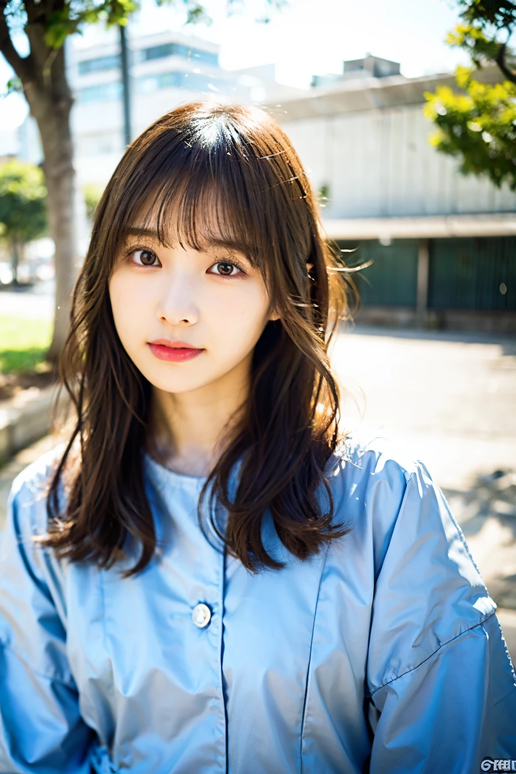 (highest quality、16K resolution)1 girl、solo、natural soft light、japanese woman、looking at camera、concrete background、facing the front、standing、length、woman in her late teens、light bangs、salon model、natural look、Portrait、floating hair、