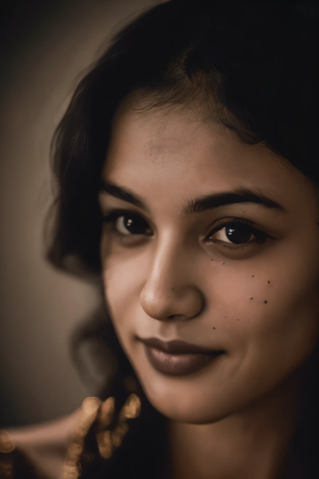 Indian women(close-up, editorial photograph of a 21 year old woman), (highly detailed face:1.4) (smile:0.7) (background inside dark, moody, private study:1.3) POV, by lee jeffries, nikon d850, film stock photograph ,4 kodak portra 400 ,camera f1.6 lens ,rich colors ,hyper realistic ,lifelike texture, dramatic lighting , cinestill 800, 