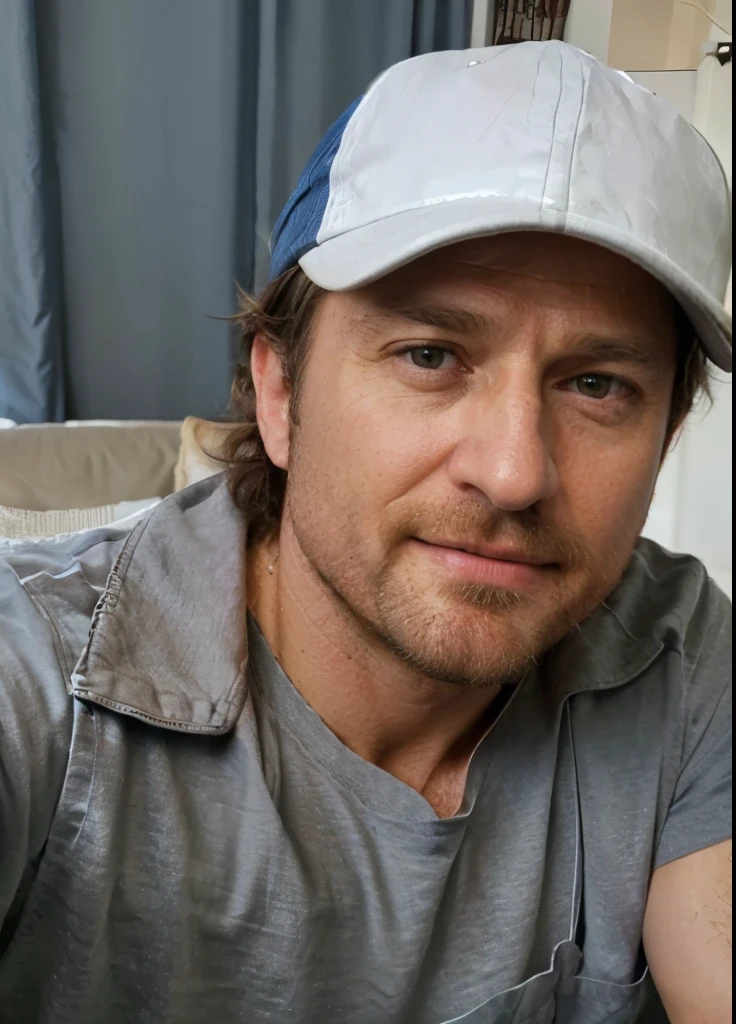 matured male smiling with short beards while wearing a dark plain t-shirt in a stylish sitting room, photo of a 53-year-old Scottish man, selfie photo, taken in 2024, selfie image, selfie regular photo, selfie camera phot, gerard butler, morning face, wearing plain blue shirt only, not wearing jacket, plain t-shirt only, sitting room background, morning face selfie, slightly unarranged hair, gerard butler selfie, Hollywood movie star, movie star gerard butler and realistic facial details.