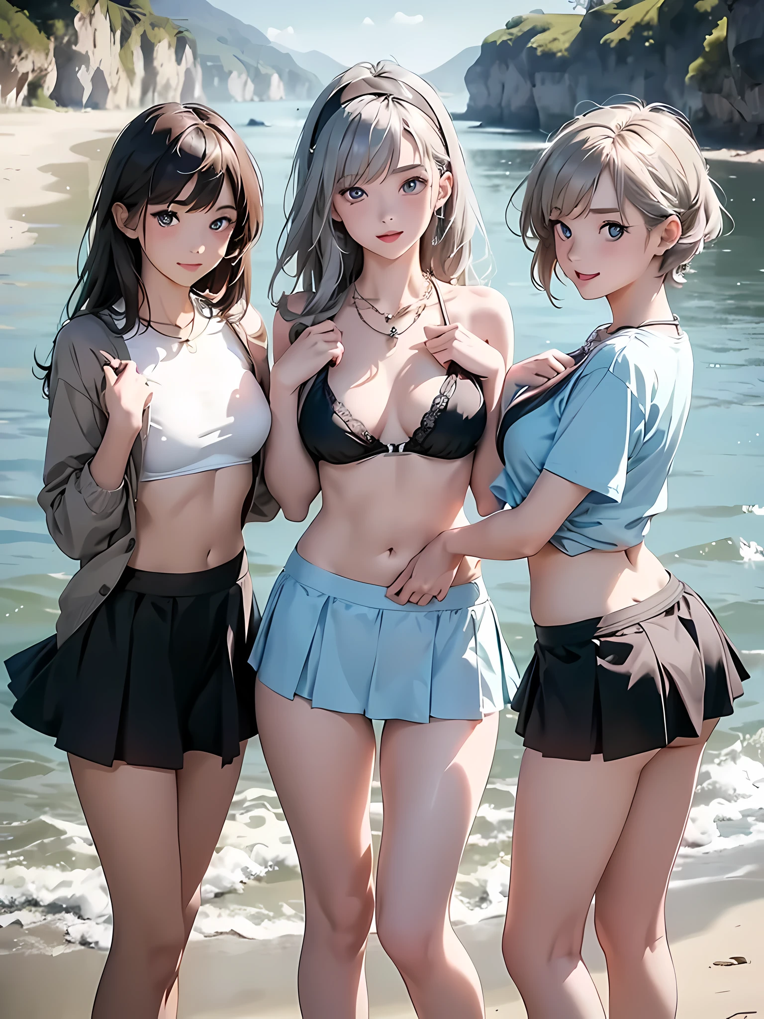 ((highest quality)), ((masterpiece)), (3 girls:1.3), Three cute girls are posing for the camera outdoors underwater, (shirtを持ち上げる),(micro bikini),(very small bra),(Cover the nipples with your hands),put your hand on your chest, (The wind flips my skirt), three people standing in a row, (Close-up shot from the knee:1.3), (open your mouth and smile:1.3), ray tracing, (bubble butt:1.3), bend over, hair band, head band, hair bobble, blouse, shirt, (pastel colored underwear), (high resolution eyes:1.5), (High definition finger 1.5), light smile, realistic, knee socks, Asian, Westerners, silver hair, brown hair, blonde, (belly button), jewelry, looking at the viewer, necklace, small breasts, long hair, short hair, (abs),
