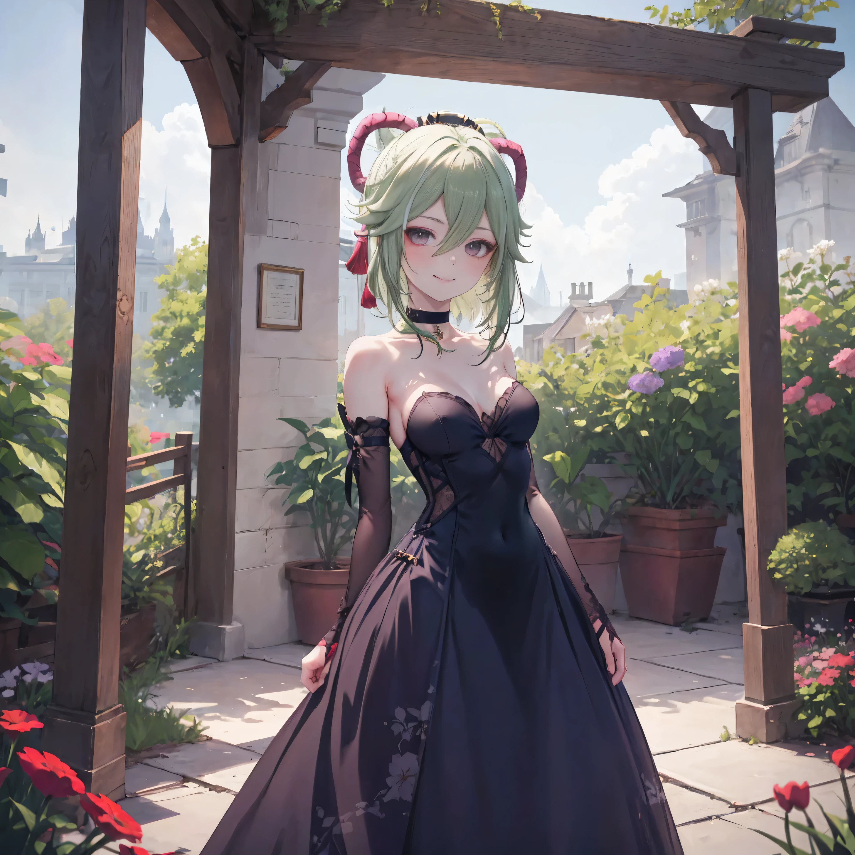 Kuki Shinobu| Genshin Effects, Masterpiece, best quality, 1 girl,25 years old, proportion body, proportion., long hair, wedding dress, wedding dressสีขาว, long skirt, Medium bust, ,only, choker, standing in the middle of a flower garden, outdoor, The sky is beautiful, arms behind, attached to the wall, Looking at the audience from the front., thigh strap, tilt your head, bored, 10, 10, high resolution, smile a little,