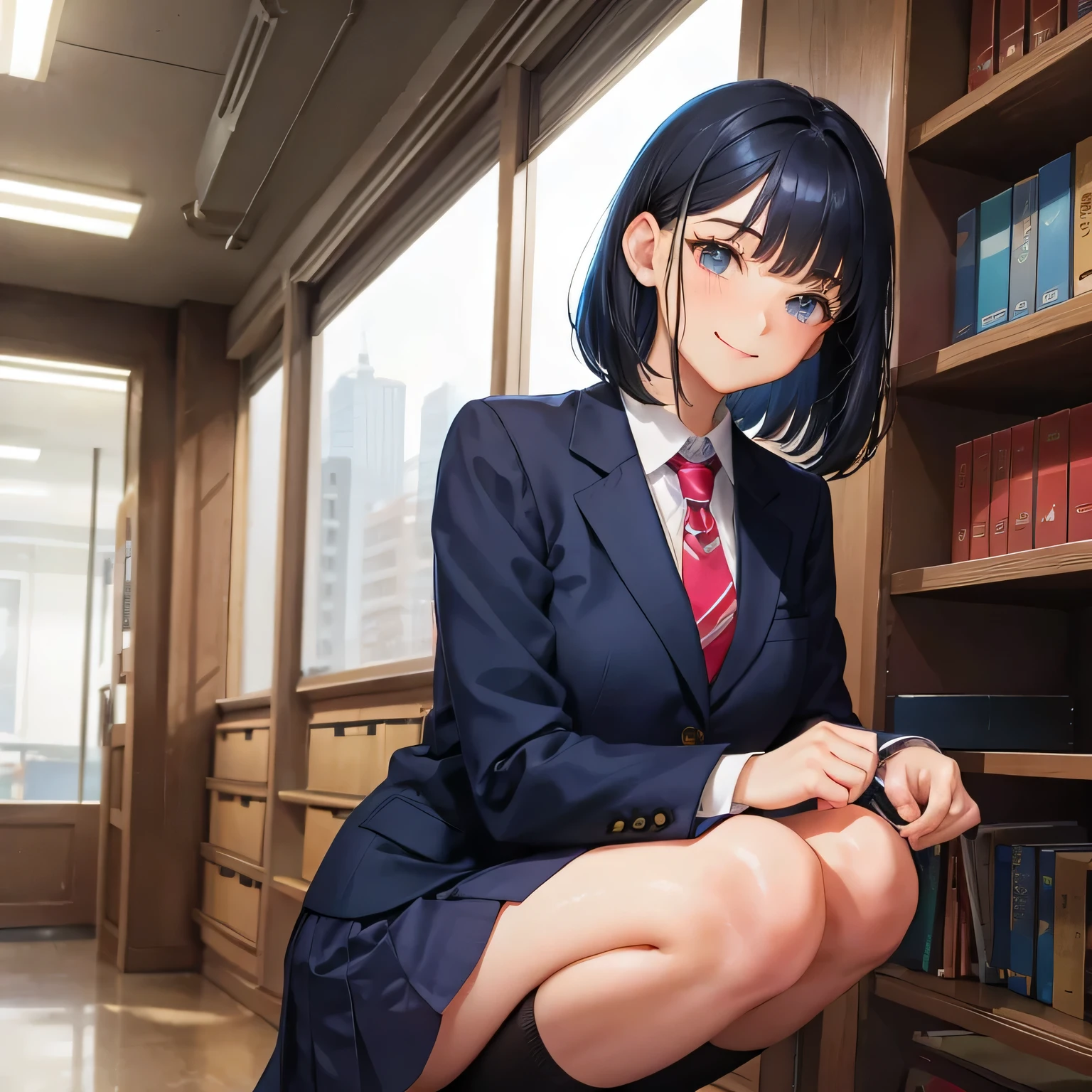 high school girl　blazer　tie　bob hair　dark blue hair color　library　squat　smile gently