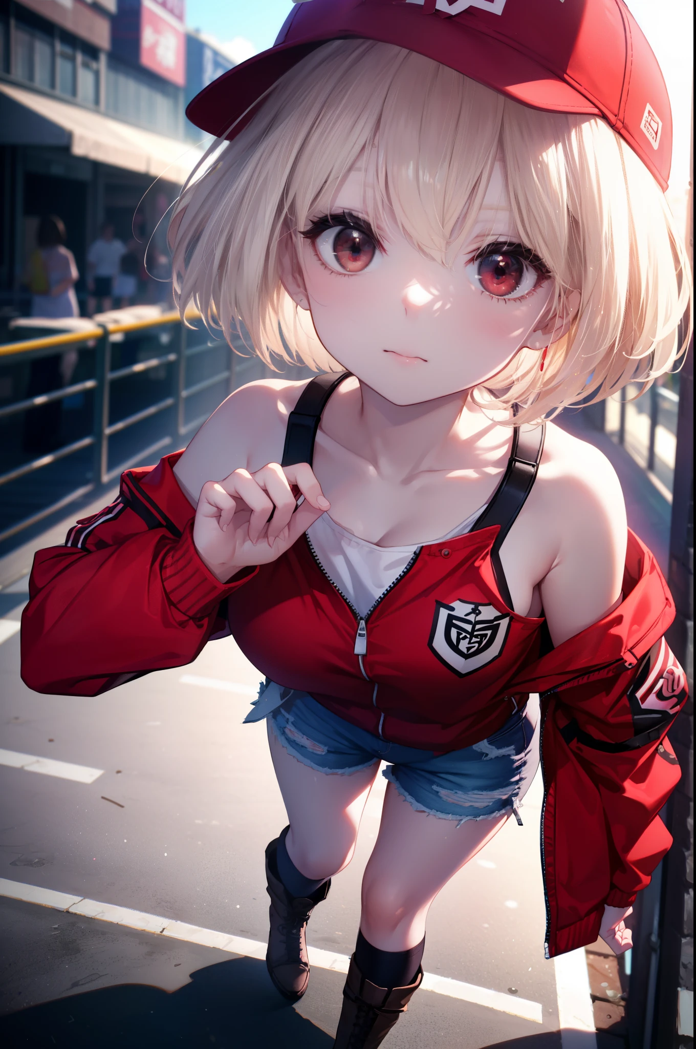 chisatonishikigi, nishikigi chisato, short hair, bangs, blonde hair, (red eyes:1.5), one side up, bob cut,Oversized stadium jacket The front is open,bare shoulders,bare clavicle,White sleeveless shirt,shorts,brown short boots,I put my hands in my stadium jacket pockets.,baseball hat,歩いてる
break outdoors, In town,building street,
break (masterpiece:1.2), highest quality, High resolution, unity 8k wallpaper, (figure:0.8), (detailed and beautiful eyes:1.6), highly detailed face, perfect lighting, Very detailed CG, (perfect hands, perfect anatomy),