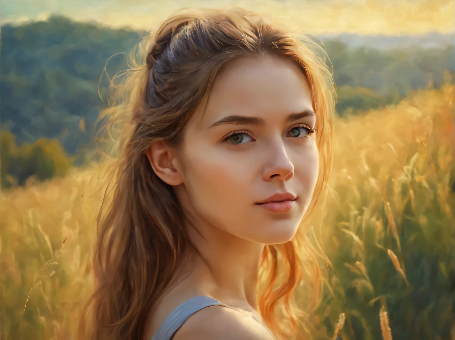 The neural network draws a portrait of a beautiful girl against the backdrop of a morning landscape, A high resolution, High detail, clarity 32 thousand., A high resolution, 64-bit color depth, The effect of oil painting
