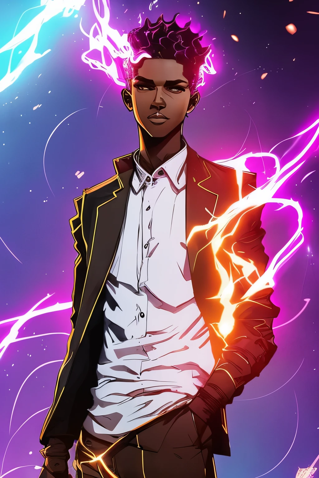 White curly long hair,  , tan dark skin, purple eyes, glowing flames surrounding, tailored suit, nvinkpunk, samdoesarts