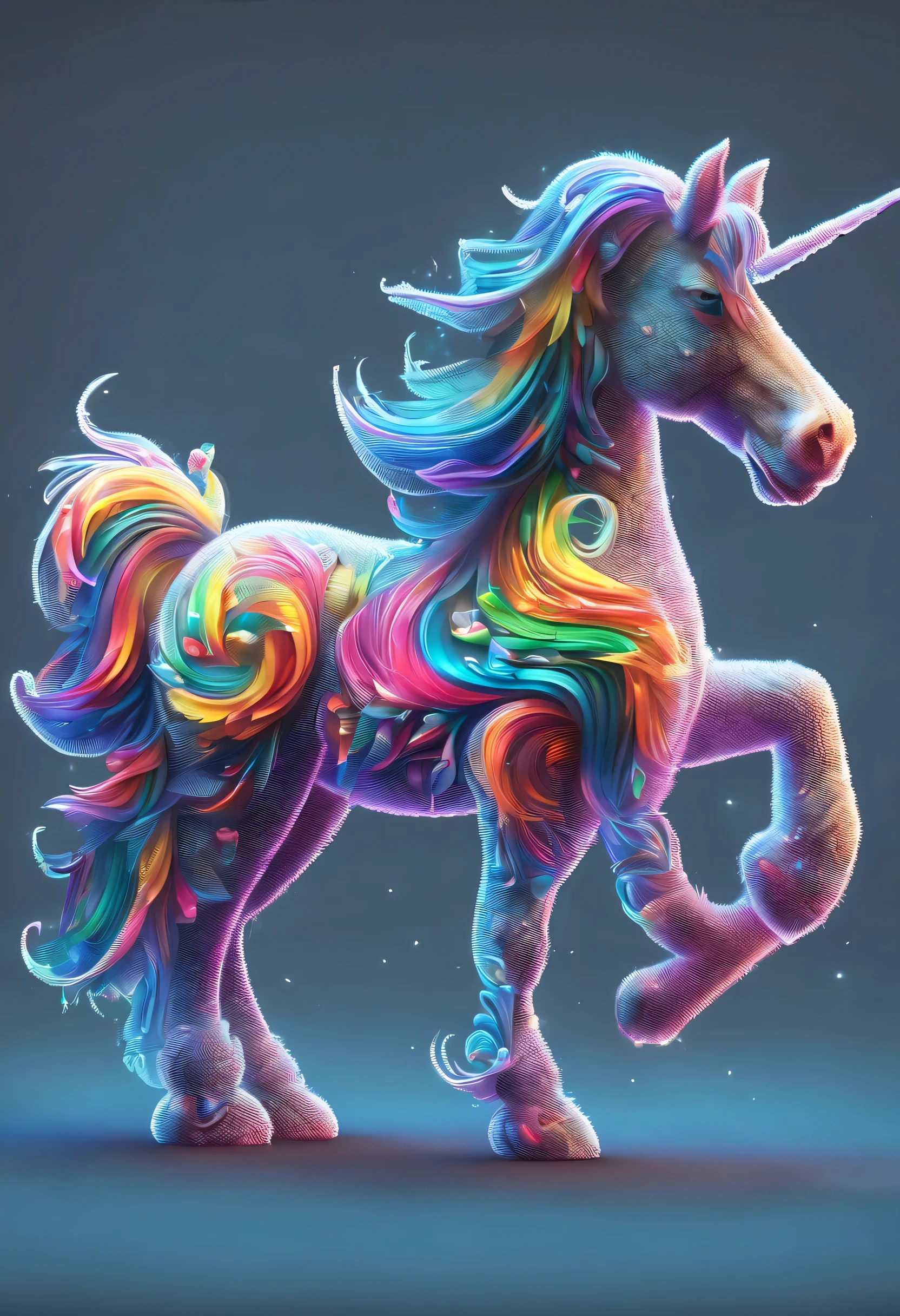 he artistic influence of disney style unicorn, (maximum detail), in 4k, (rainbow tail, (single horn), (), (big chest), (goofy shapes), triangular legs,