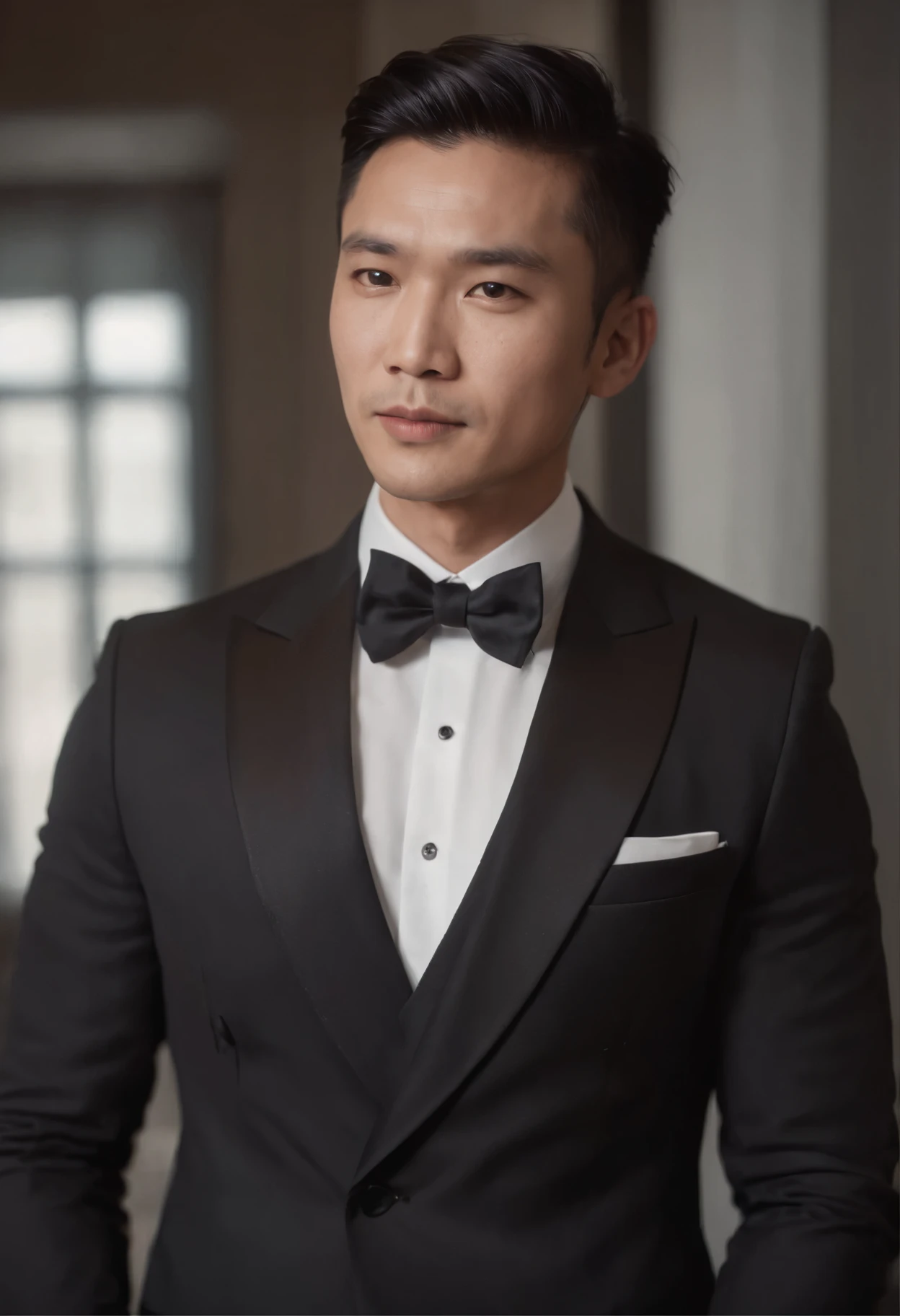 high quality photo realistic image, 1 asian male, 40 yo, clean face, stocky body, wearing black tuxedo suit, elegant pose, standing at dark hallway, 8k resolution, finely rendered