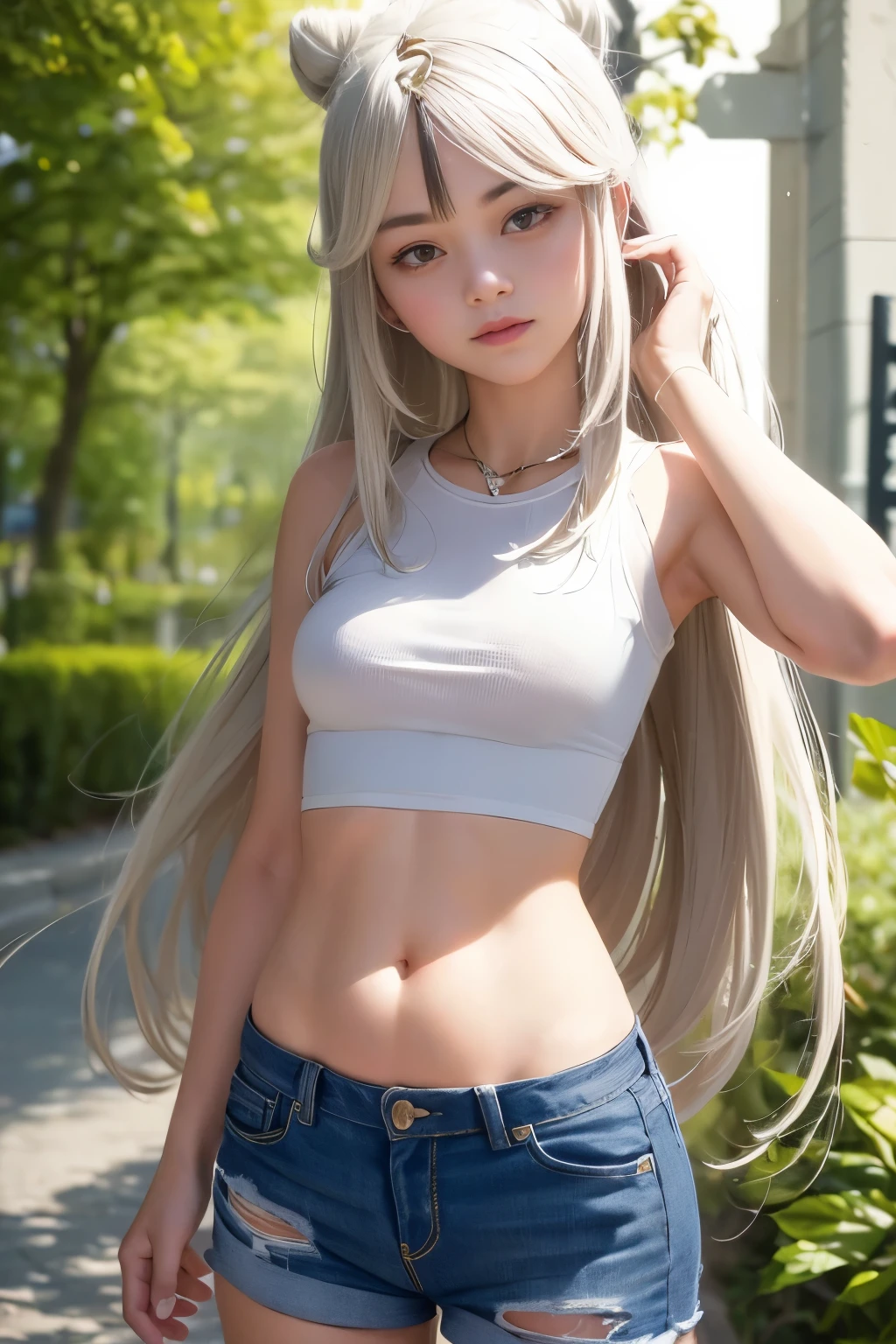 ((medium sized breast, tomboy girl, small head)), Daytime, sunlight, (Belly chisel : 1.1), (perfect body : 1.1), (long straight hair : 1.2) , silver hair, shirt collar, chain, Take the whole body, Busy streets, Wear a black tank top., jeans jacket, ((shorts)), (วอลล์เปเปอร์ CG 8k ที่very detailed), (Delicate and extremely beautiful), (Masterpiece), (best quality:1.0), (very high:1.0),  beautiful light ,perfect lightning, realistic shadows, [high resolution], Fine skin, very detailed