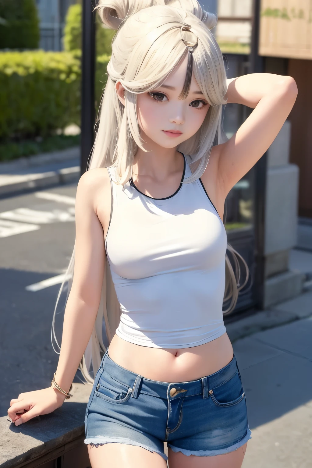 ((medium sized breast, tomboy girl, small head)), Daytime, sunlight, (Belly chisel : 1.1), (perfect body : 1.1), (long straight hair : 1.2) , silver hair, shirt collar, chain, Take the whole body, Busy streets, Wear a black tank top., jeans jacket, ((shorts)), (วอลล์เปเปอร์ CG 8k ที่very detailed), (Delicate and extremely beautiful), (Masterpiece), (best quality:1.0), (very high:1.0),  beautiful light ,perfect lightning, realistic shadows, [high resolution], Fine skin, very detailed