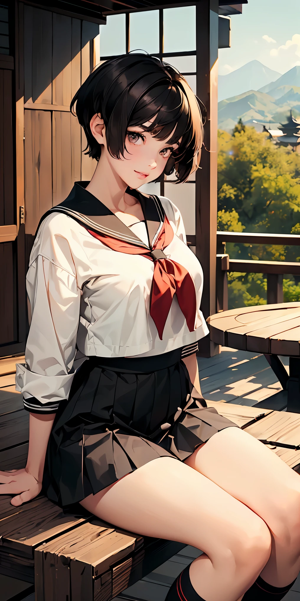 8k, masterpiece, highest quality, ultra high resolution, highest resolution, very detailed, professional lighting, orange light lighting、Backlight、Detailed CG、Low angle from the front、full body shot、Beautiful woman、beautiful eyes、(detailed face and iace:1 2)、narrow eyes、almond eye、brown eyes、gradation eye、highlight:1.2)、(beautiful black hair、short hair、(plump lips) 、(oval face : 1.4)、(thin fingered arms、detailed human hand)、(table top, highest quality:1.2), wooden warehouse、Scenery with Japanese wooden houses、sitting in veranda、ancient folk house、pine tree、plant、beautiful japanese garden、beautiful red sunset、full body pose、A girl who blends into the scenery、sitting in a chair、Beautiful woman, small face、white skin、very cute, 17 years old、(fine eyes、bright eyes、gradient eyes:1、細かく描かれたbeautiful eyes:1、symmetrical eyes:1、目の大きなhighlight:1.2)、thin hair、brown eyes)、Breasts are medium in size、(black brown hair、レイヤーshort hair、ベリーshort hair:1.5)、(black sailor suit、serafuku:1.4)、thin and long legs、beautiful hip line、beautiful spine、constricted back、tight waist、JK black skirt 、pleated skirt、Hip line emphasis、black socks、black stockings、brown eyes,face is a little red, beautiful breasts、Breasts are A cup、Shoes are loafers) 、(round face: 1.4)、shy smile、black knee high socks