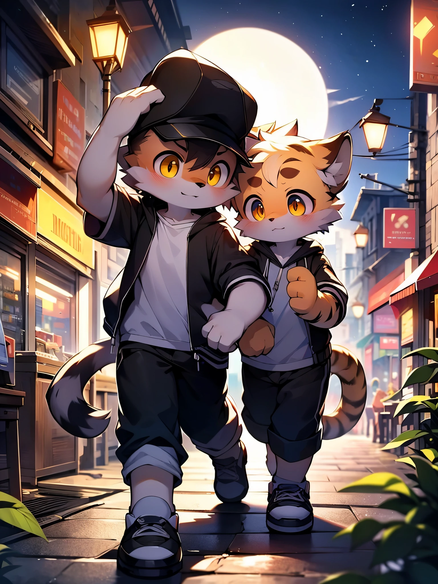 Tiger, boy, big golden eyes, cute and anxious expression, duckbill cap, white shirt, black coat, black shorts, white stockings, blue sneakers, white gloves, running on the street, sweating, night, bright moon, dim street lights, Rembrandt light and shadow, fine body portrayal, correct hand portrayal, perfect details, octane rendering, ultra fine, 4K ultra clear