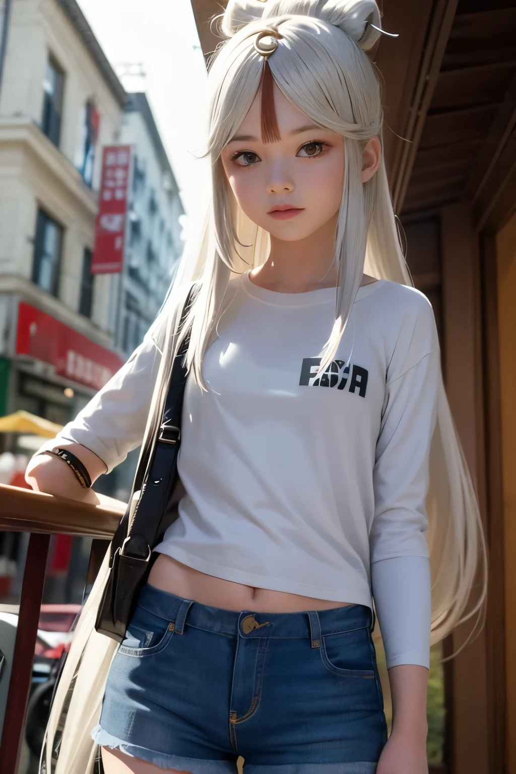 ((medium sized breast, tomboy girl, small head)), Daytime, sunlight, (Belly chisel : 1.1), (perfect body : 1.1), (long straight hair : 1.2) , silver hair, shirt collar, chain, Take the whole body, Busy streets, topless., jeans jacket, ((shorts)), (วอลล์เปเปอร์ CG 8k ที่very detailed), (Delicate and extremely beautiful), (Masterpiece), (best quality:1.0), (very high:1.0),  beautiful light ,perfect lightning, realistic shadows, [high resolution], Fine skin, very detailed
