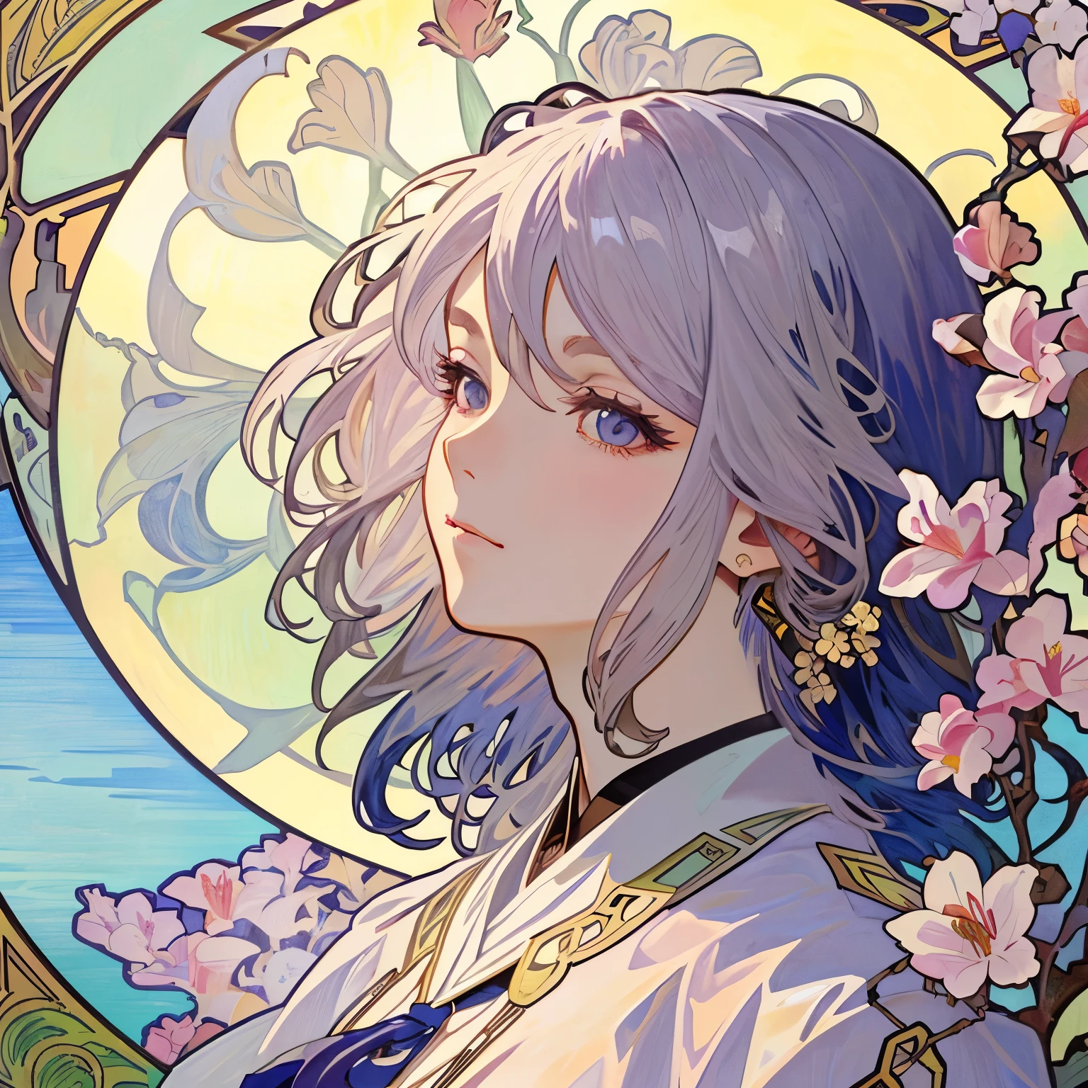 1 beautiful woman、(masterpiece、最high quality、最high quality、beautiful and aesthetic:1.2)、delicate earrings、flowers in full bloom、dynamic、shining eyes、colorful hair、Gradation、super detailed intricate details, unreal engine, wonderful, intricate details, complementary color, realistic concept art, 8K resolution, 逸脱のmasterpiece、(((Alphonse Mucha)))、fluttering hair、(((There are many flowers in the frame)))、dancing petals、(((many plum blossoms)))、32k ultra hd,I blinked and missed the details.,Beautiful characters inspired by anime,magnificent composition,ultra high resolution,high quality,official art,uniform 8k wallpaper,32K、waste,plant、lily、medium hair、white hair