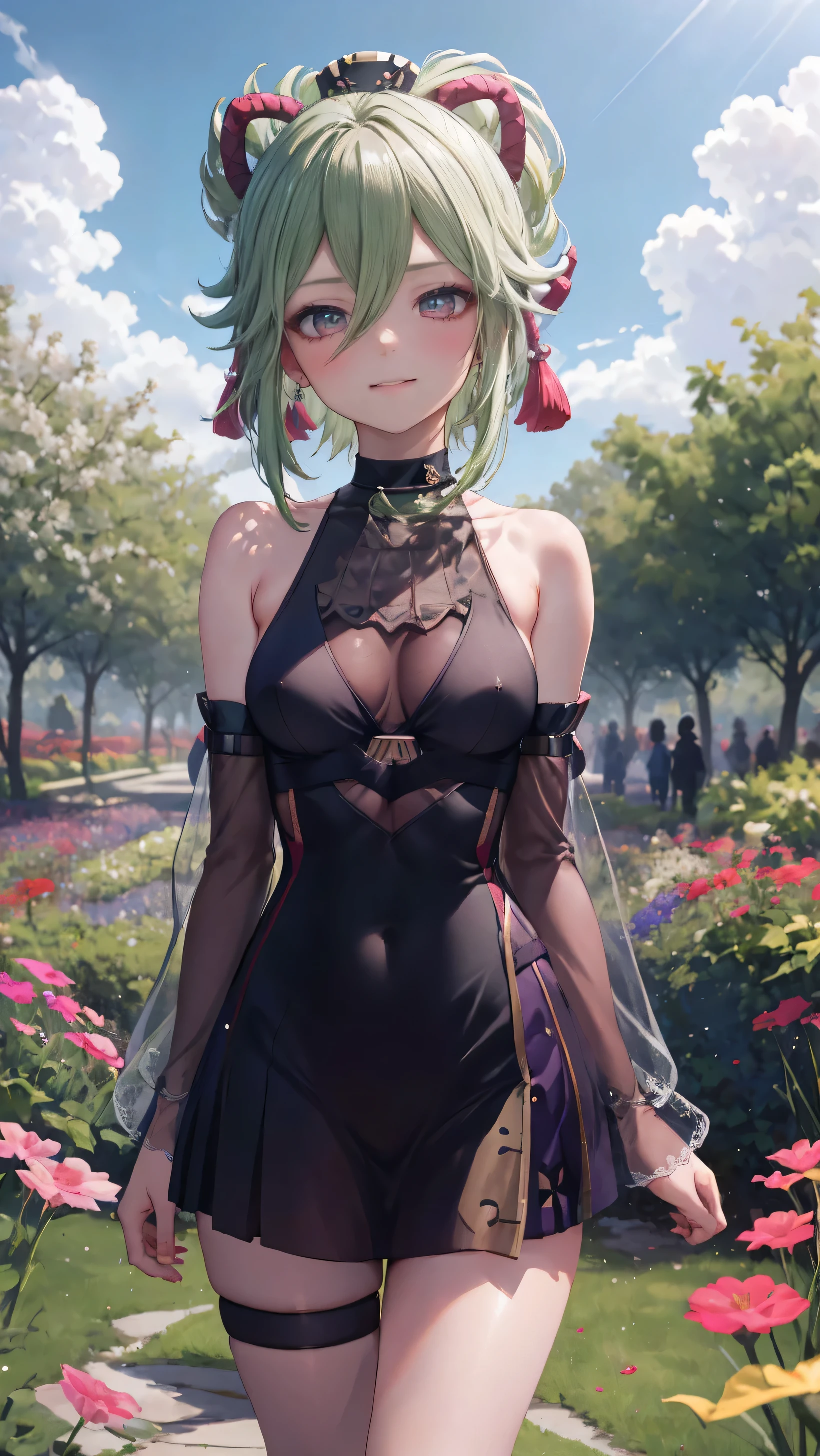 Kuki Shinobu| Genshin Effects, Masterpiece, best quality, 1 girl,25 years old, proportion body, proportion., long hair, wedding dress, wedding dressสีขาว, long skirt, Medium bust, ,only, choker, standing in the middle of a flower garden, outdoor, The sky is beautiful, arms behind, attached to the wall, Looking at the audience from the front., thigh strap, tilt your head, bored, 10, 10, high resolution, smile a little,