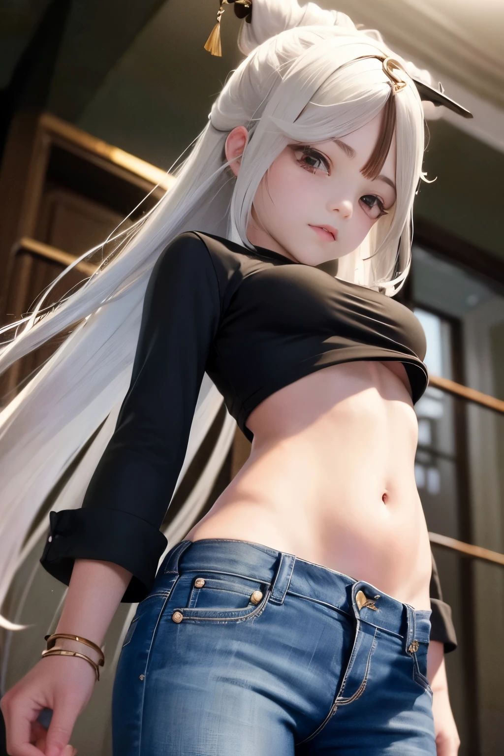 ((medium sized breast, tomboy girl, small head)), Daytime, sunlight, (Belly chisel : 1.1), (perfect body : 1.1), (long straight hair : 1.2) , silver hair, shirt collar, chain, Take the whole body, Busy streets, topless., jeans jacket, ((shorts)), (วอลล์เปเปอร์ CG 8k ที่very detailed), (Delicate and extremely beautiful), (Masterpiece), (best quality:1.0), (very high:1.0),  beautiful light ,perfect lightning, realistic shadows, [high resolution], Fine skin, very detailed