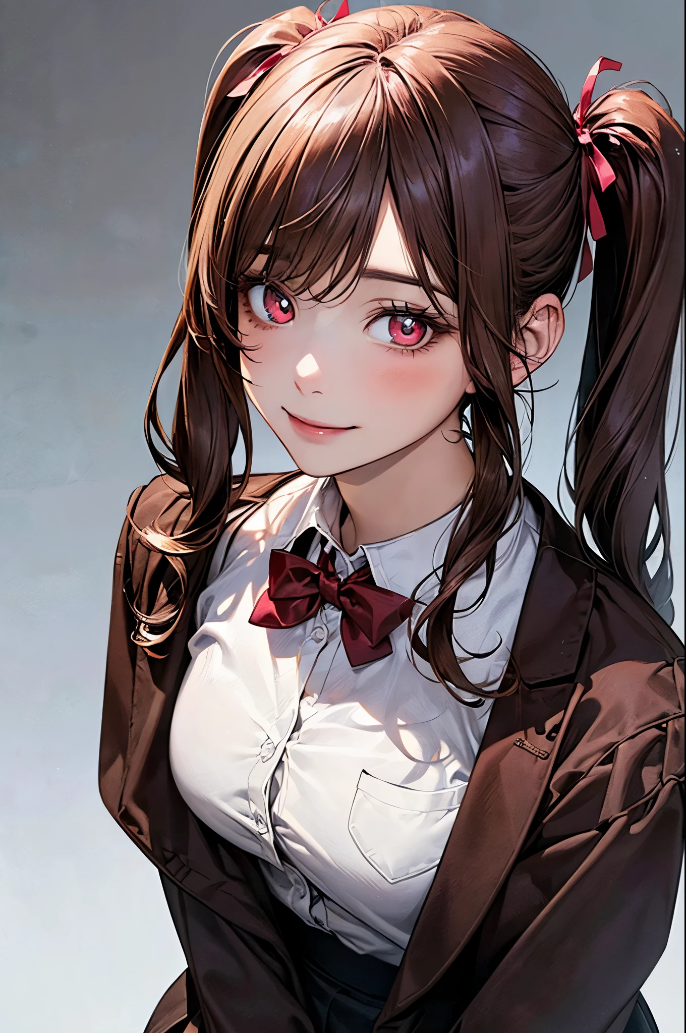 (masterpiece:1.2, top-quality), (realistic, photorealistic:1.4), beautiful illustration, (natural side lighting, movie lighting), nsfw, 
looking at viewer, (face focus, upper body), 1 girl, japanese, high school girl, perfect face, cute and symmetrical face, shiny skin, 
(long hair:1.5, twintails:1.4, dark brown hair), asymmetrical bangs, 2 hairpin, dark red eyes, glowing eyes, big eyes, drooping eyes, long eye lasher, (medium breasts), slender, dark red hair ribbon, 
beautiful hair, beautiful face, beautiful detailed eyes, beautiful clavicle, beautiful body, beautiful chest, beautiful thigh, beautiful legs, beautiful fingers, 
((dark red school jacket, dark brown pocket, white collared shirts, dark red mini skirt), dark red bow tie), 
(beautiful scenery), evening, (pink lined-heart background), standing, index finger raised, (heart👁️‍‍🗨️, happy smile, upper eyes),
