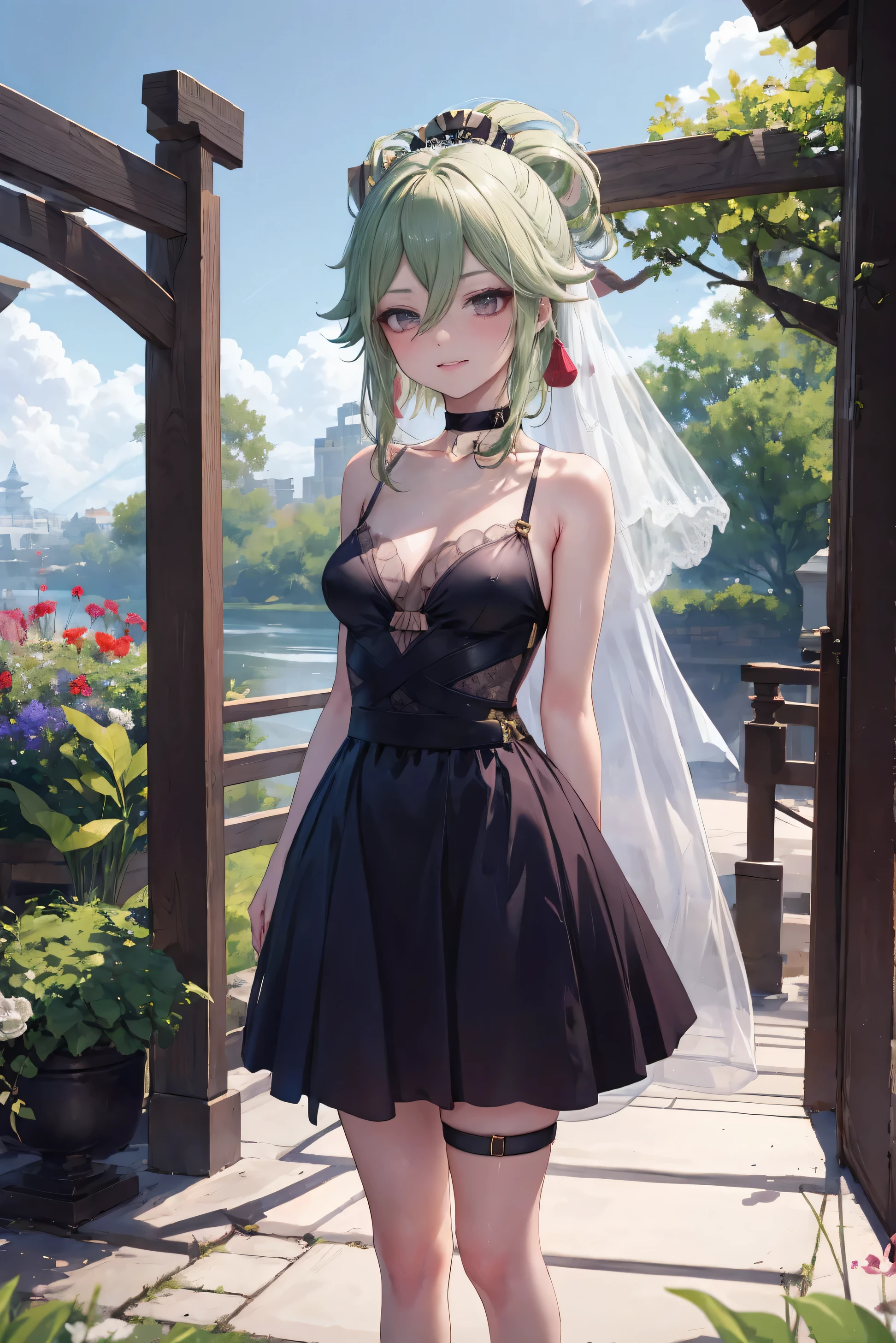 Kuki Shinobu| Genshin Effects, Masterpiece, best quality, 1 girl,25 years old, proportion body, proportion., long hair, wedding dress, wedding dressสีขาว, long skirt, Medium bust, ,only, choker, standing in the middle of a flower garden, outdoor, The sky is beautiful, arms behind, attached to the wall, Looking at the audience from the front., thigh strap, tilt your head, bored, 10, 10, high resolution, smile a little,