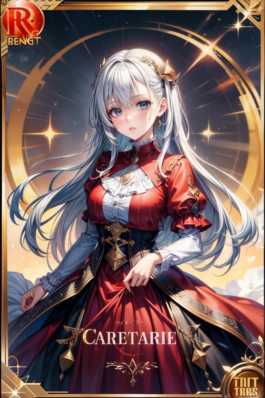 1girl,solo,cowboy shot,standing,(white hair:1.4),long hair,cone hair bun,hair ornament,hair intakes, ahoge, bangs,(red eyes:1.3),(beautiful fingers:1.4),(perfect anatomy:1.4),(arms_behind_back:1.6),(cold_shoulder:1.2),BREAK,(gold wedding dress:1.6),(gold pencil mini skirt:1.2),(leather lace glossy silk lamé:1.4),(latex luster shiny glossy:1.6),(shiny_clothes:1.6),medium breasts,beautiful breasts,masterpiece,best quality,(Ultra high definition eyes:1.2),8k,(Beautiful detailed eyes:1.2),(Fine and beautiful eyes:1.2),(pretty eyes:1.2),finely detail,extremely CG, absurdres,high resolution,illustration,Detailed and beautiful outlines,finely detail,high resolution,(colorful refraction:1.4,Increase saturation:1.2),beautiful lighting,dynamic lighting,closed room,black background,simple background, smile,looking at viewer,BREAK, blue bowtie, red coat, (wedding gloves:1.2), belt, garter straps,(gold thighhighs:1.4)