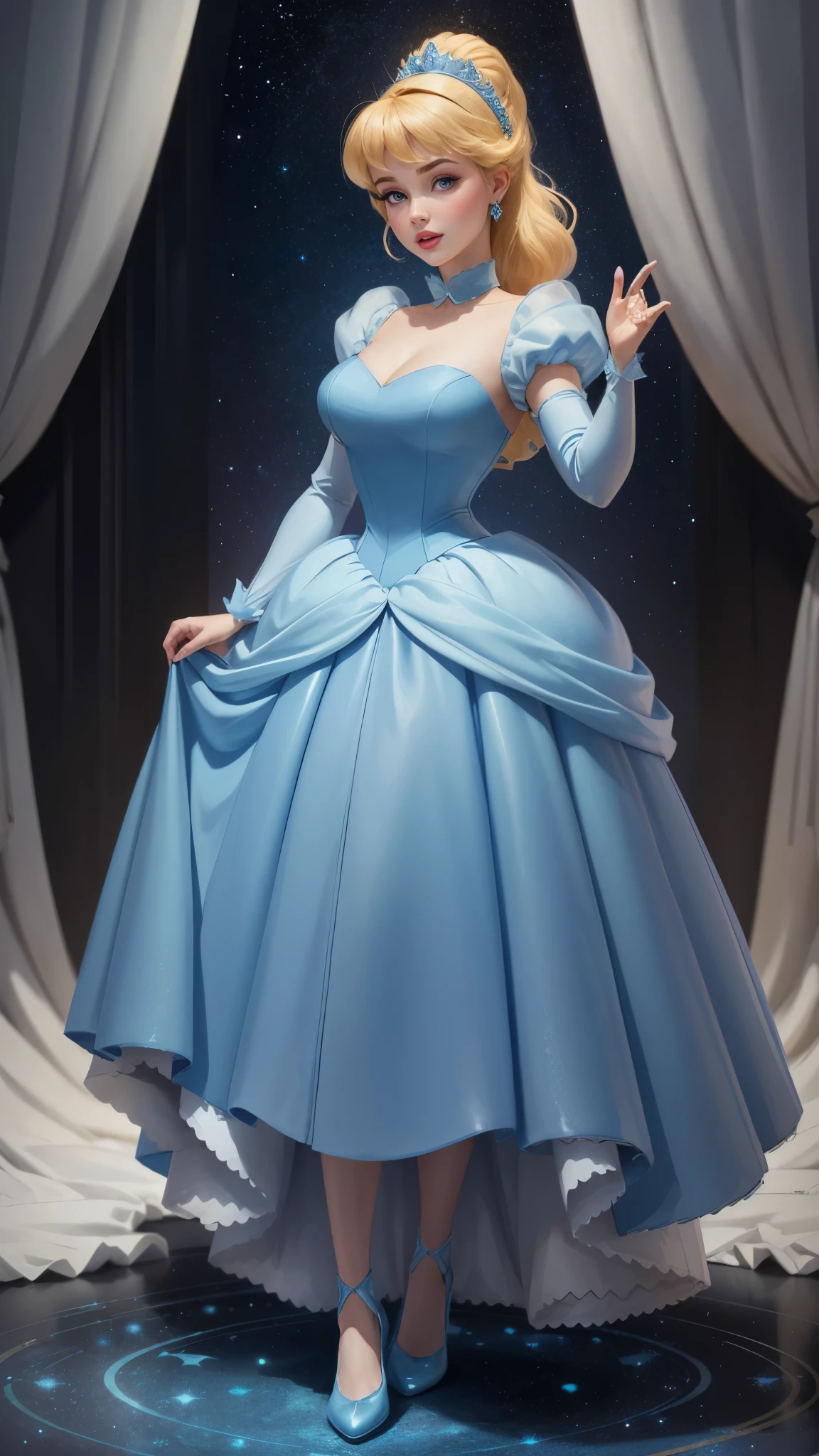 ((1 girl)), Masterpiece, (high quality, best render), (beautiful girl, cinderella), (bomb, pin-up style), hot, floss, perfect body, 4k hd, disney princess, beautiful female princess, anime princess, hd artwork, official art, disney cartoon, beautiful princess, long thin legs, large breasts, sexy pose, vibrant colors, a cartoon princess in a blue dress with a tiable, she has pale skin cinderella, disney character, disney character style, disney's princess, disney art style, disney artstyle, anime princess, fantasy, full dress, at a fancy party