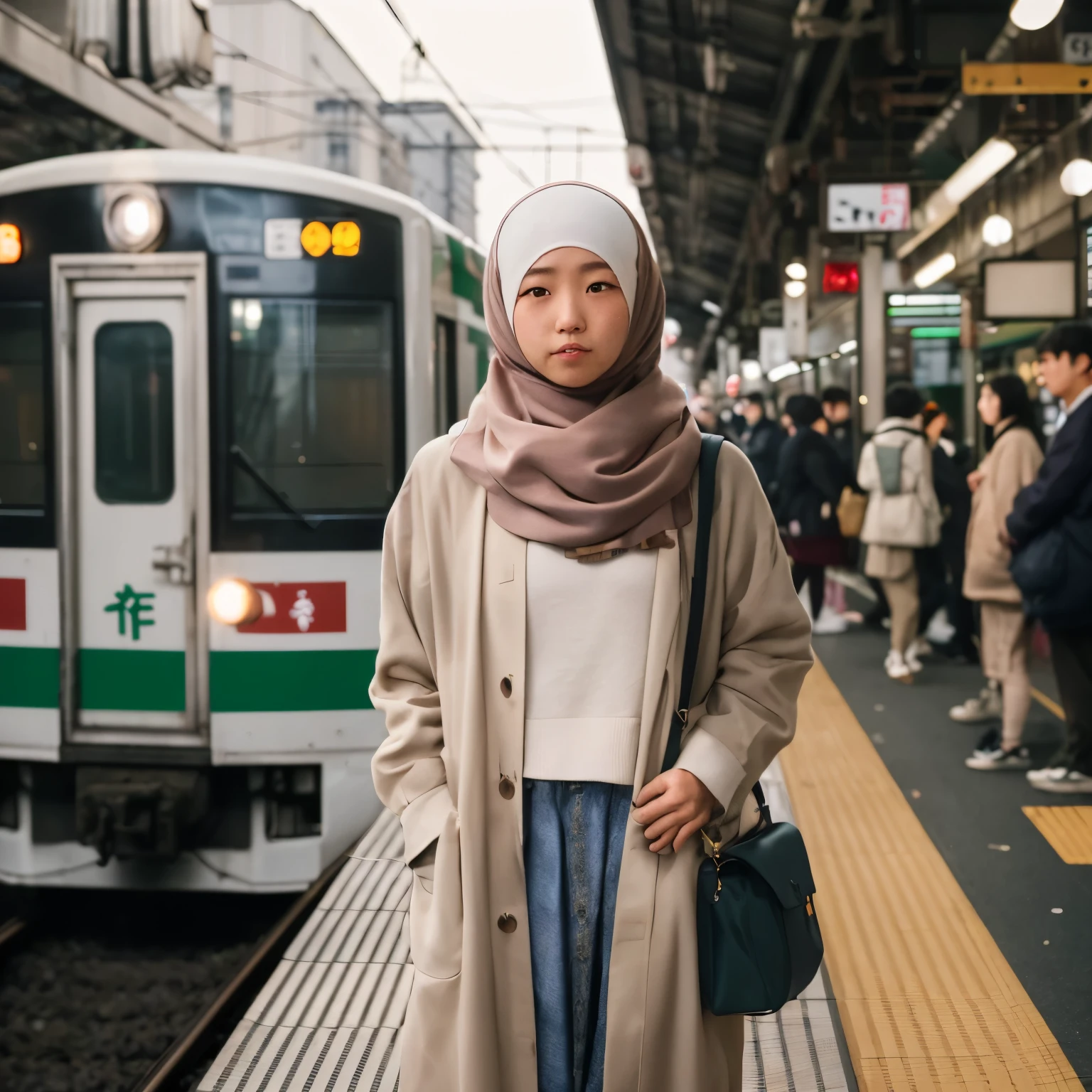 there is a woman standing on a platform with a train in the background, white hijab, japan travel aesthetic, in a tokyo street, in tokio, japanese city street fashion, in the streets of tokyo, portrait of a japanese teen, japanese street fashion, wearing a haori, japanese woman, japanese streetwear, japaneese style, inspired by Yanagawa Nobusada