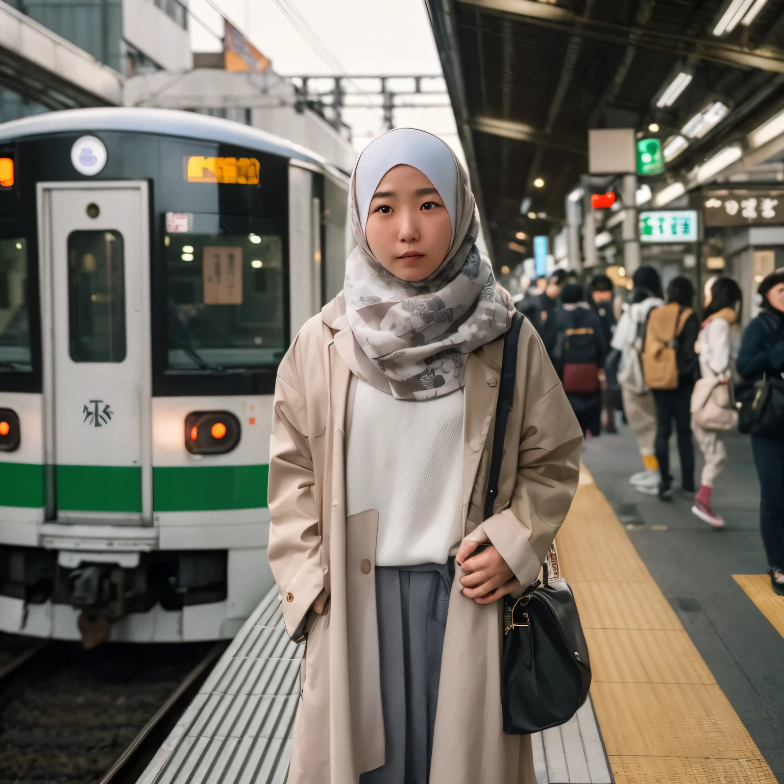 there is a woman standing on a platform with a train in the background, white hijab, japan travel aesthetic, in a tokyo street, in tokio, japanese city street fashion, in the streets of tokyo, portrait of a japanese teen, japanese street fashion, wearing a haori, japanese woman, japanese streetwear, japaneese style, inspired by Yanagawa Nobusada