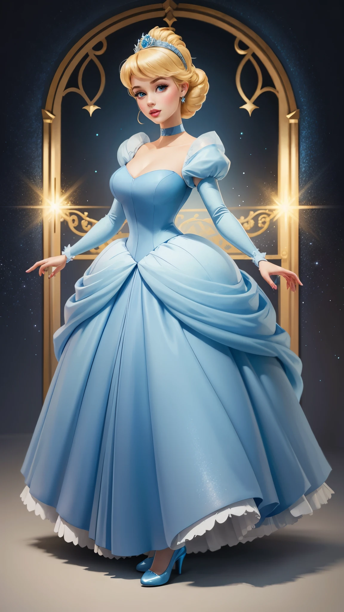 ((1 girl)), Masterpiece, (high quality, best render), (beautiful girl, cinderella), (bomb, pin-up style), hot, floss, perfect body, 4k hd, disney princess, beautiful female princess, anime princess, hd artwork, official art, disney cartoon, beautiful princess, long thin legs, large breasts, sexy pose, vibrant colors, a cartoon princess in a blue dress with a tiable, she has pale skin cinderella, disney character, disney character style, disney's princess, disney art style, disney artstyle, anime princess, fantasy, full dress