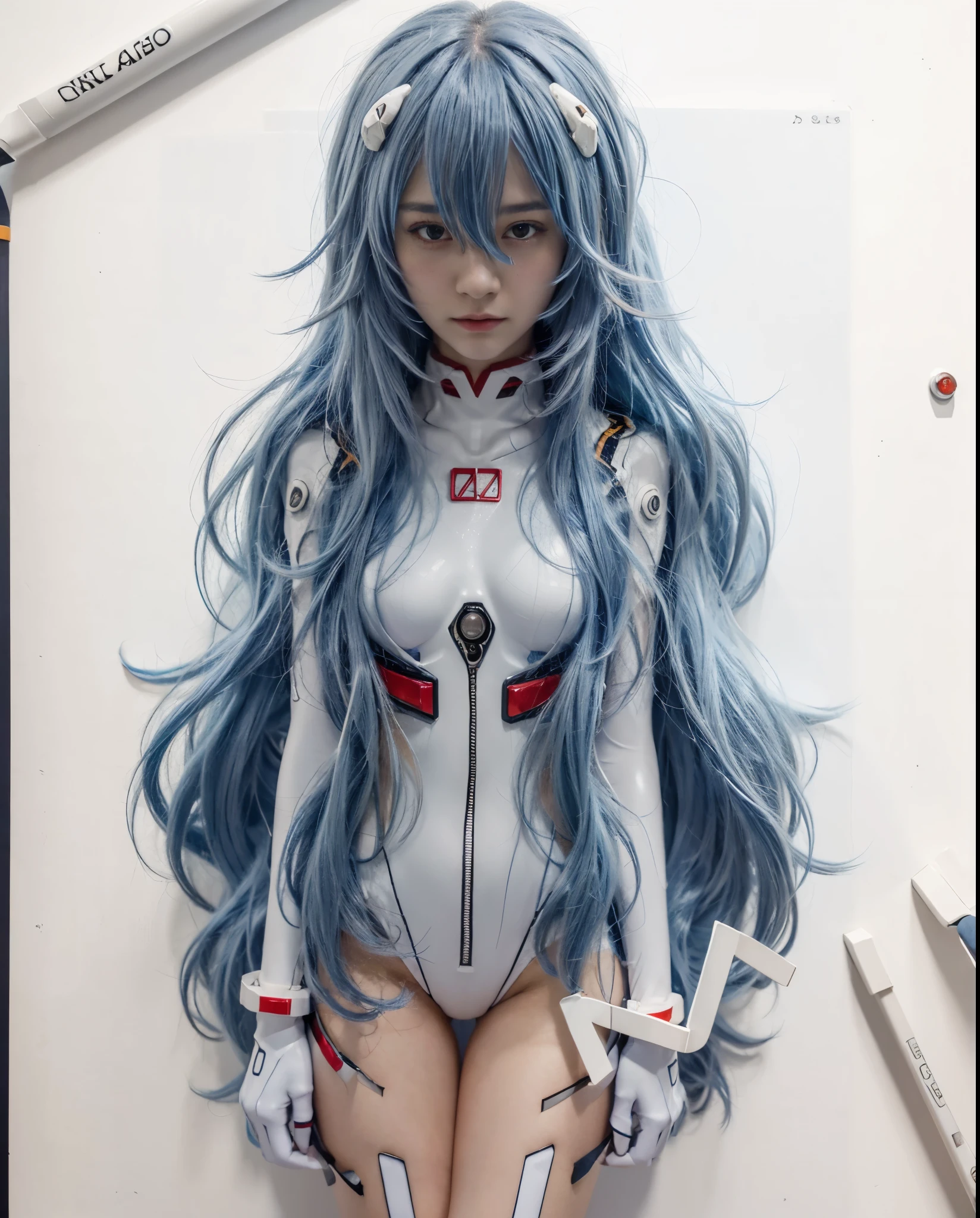 (highres, best quality), Rei Ayanami, Beautiful Mixed Pretty Japanese Babe Face. Beautiful Face, Detailed Beautiful bright red eyes, beautiful slim body, Super Blue long Hair, white plugsuit, combine realism and anime influences, sorrow beautiful face, Intense Beautiful gaze, dark blue hair, dark blue hair, Hyperrealism, social media composition, cowboy shot, f/4.0, textured skin, award winning, white background