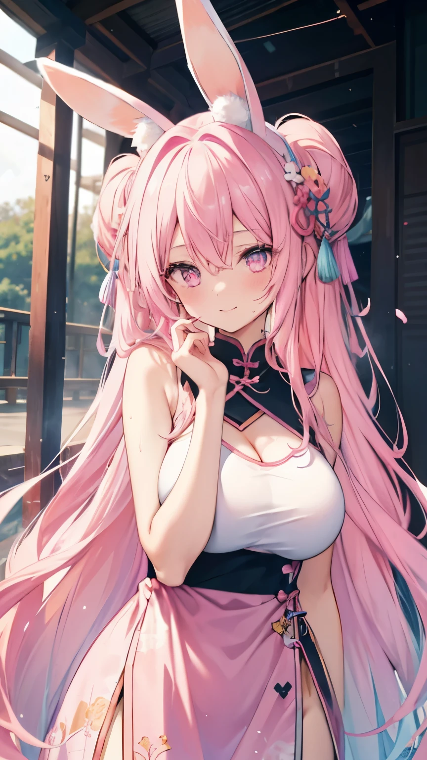 1 girl, animal ears, long hair, pink and light blue hair,pink eyes,big breasts,tits, long hair, looking at the viewer,Bunny ears, smile, alone, split color hair, two tone hair,China dress,fur,wet with sweat,