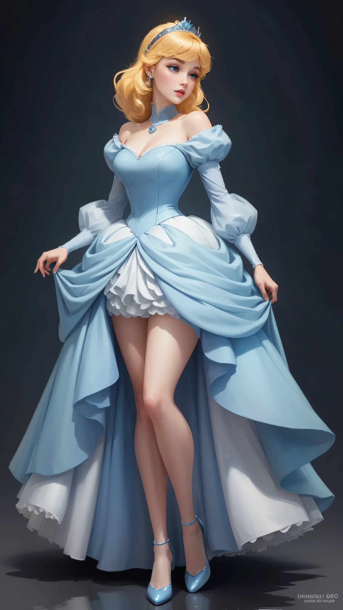 ((1 girl)), Masterpiece, (high quality, best render), (beautiful girl, cinderella), (bomb, pin-up style), hot, floss, perfect body, 4k hd, disney princess, beautiful female princess, anime princess, hd artwork, official art, disney cartoon, beautiful princess, long thin legs, large breasts, sexy pose, holding dress, vibrant colors, a cartoon princess in a blue dress with a tiable, she has pale skin, cinderella, disney character, disney character style, disney's princess, disney art style, disney artstyle, anime princess, fantasy, full dress, fancy party background