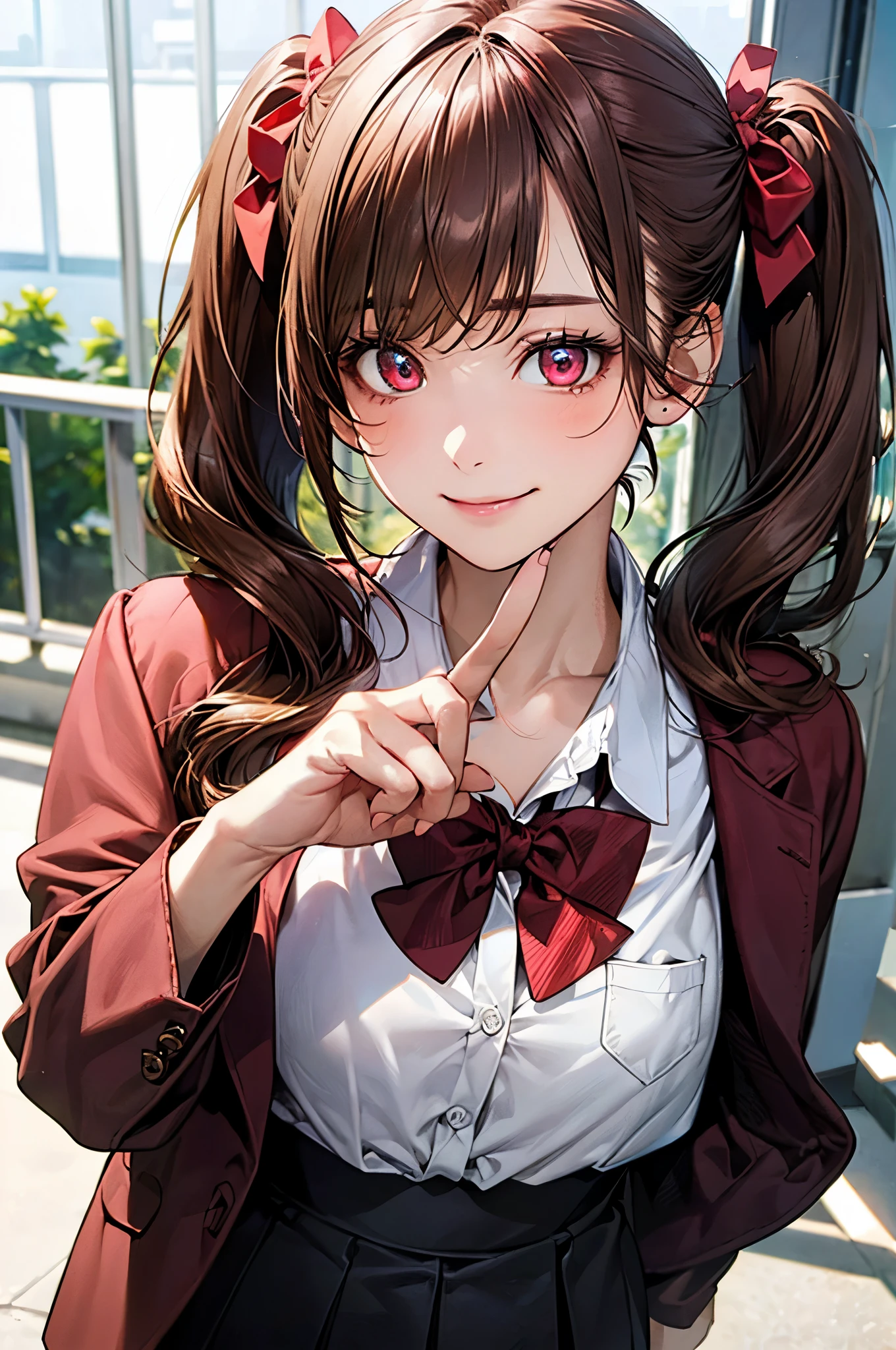 (masterpiece:1.2, top-quality), (realistic, photorealistic:1.4), beautiful illustration, (natural side lighting, movie lighting), nsfw,
looking at viewer, (face focus, upper body), 1 girl, japanese, high school girl, perfect face, cute and symmetrical face, shiny skin,
(long hair:1.5, twintails:1.4, dark brown hair), asymmetrical bangs, 2 hairpin, dark red eyes, glowing eyes, big eyes, drooping eyes, long eye lasher, (medium breasts), slender, dark red hair ribbon,
beautiful hair, beautiful face, beautiful detailed eyes, beautiful clavicle, beautiful body, beautiful chest, beautiful thigh, beautiful legs, beautiful fingers,
((dark red school jacket, dark brown pocket, white collared shirts, dark red mini skirt), dark red bow tie),
(beautiful scenery), evening, (pink lined-heart background), standing, index finger raised, (heart👁️🗨️, happy smile, upper eyes),