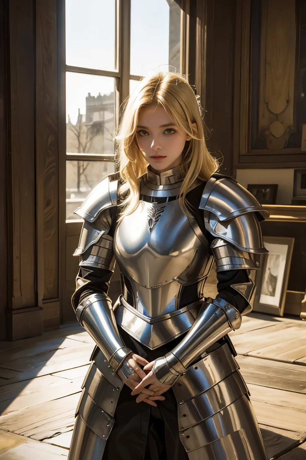 beautiful blonde angel woman in plate armor