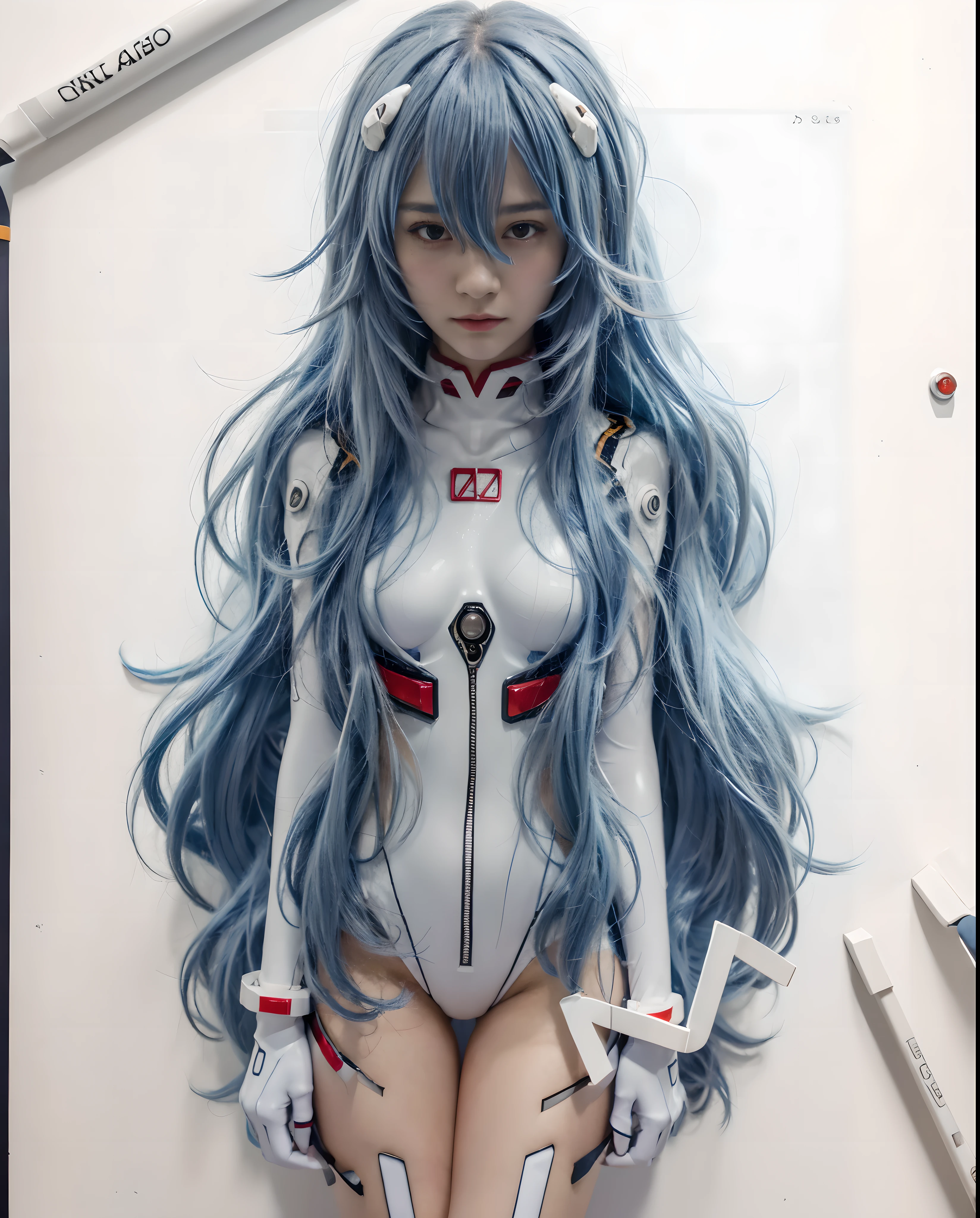 (highres, best quality), Rei Ayanami, Beautiful Mixed Pretty Japanese Babe Face. Beautiful Face, Detailed Beautiful bright red eyes, beautiful slim body, Super Blue long Hair, white plugsuit, combine realism and anime influences, sorrow beautiful face, Intense Beautiful gaze, dark blue hair, dark blue hair, Hyperrealism, social media composition, cowboy shot, f/4.0, textured skin, award winning, white background