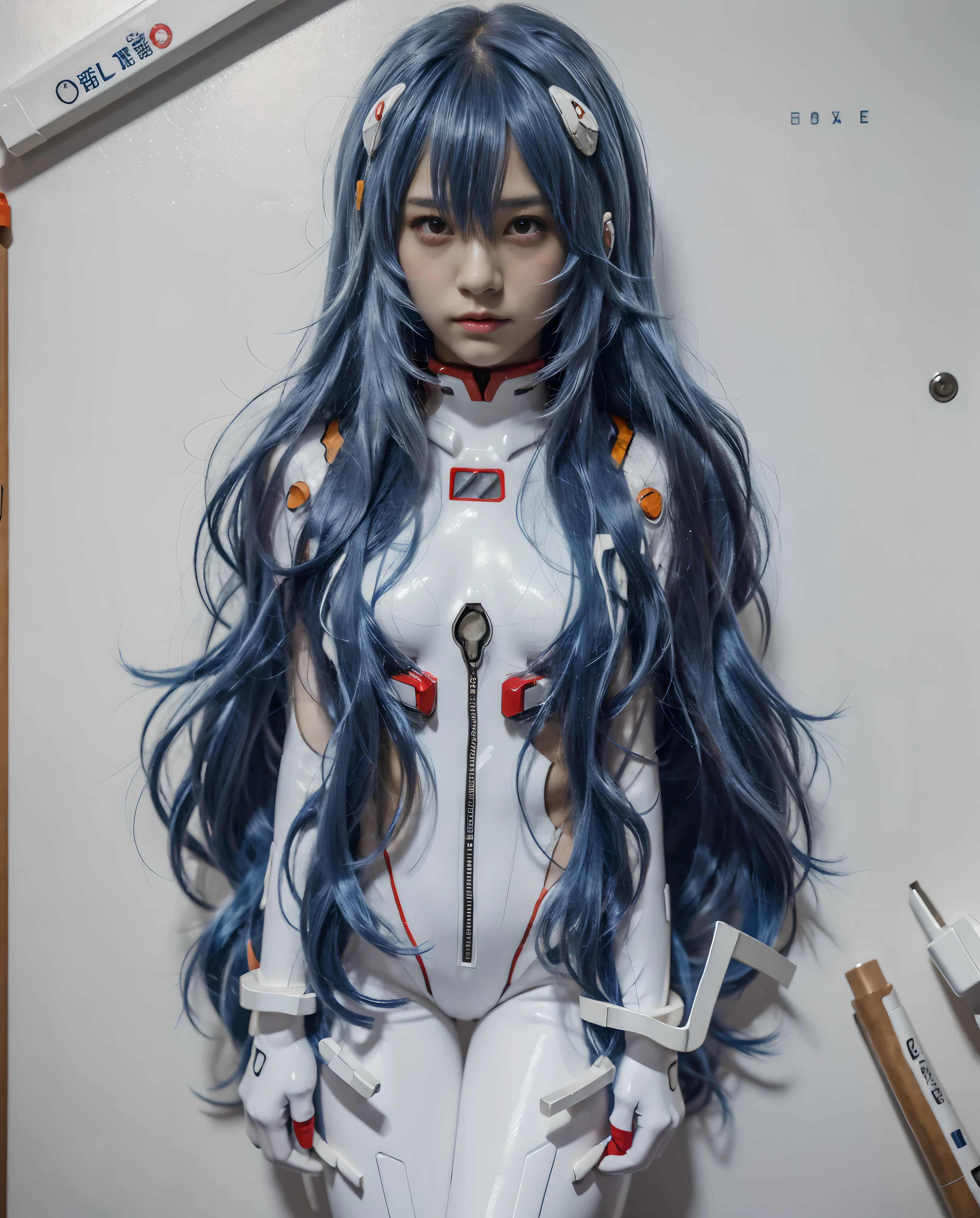 (highres, best quality), Rei Ayanami, Beautiful Mixed Pretty Japanese Babe Face. Beautiful Face, Detailed Beautiful bright red eyes, beautiful slim body, Super Blue long Hair, white plugsuit, combine realism and anime influences, sorrow beautiful face, Intense Beautiful gaze, dark blue hair, dark blue hair, Hyperrealism, social media composition, cowboy shot, f/4.0, textured skin, award winning, white background