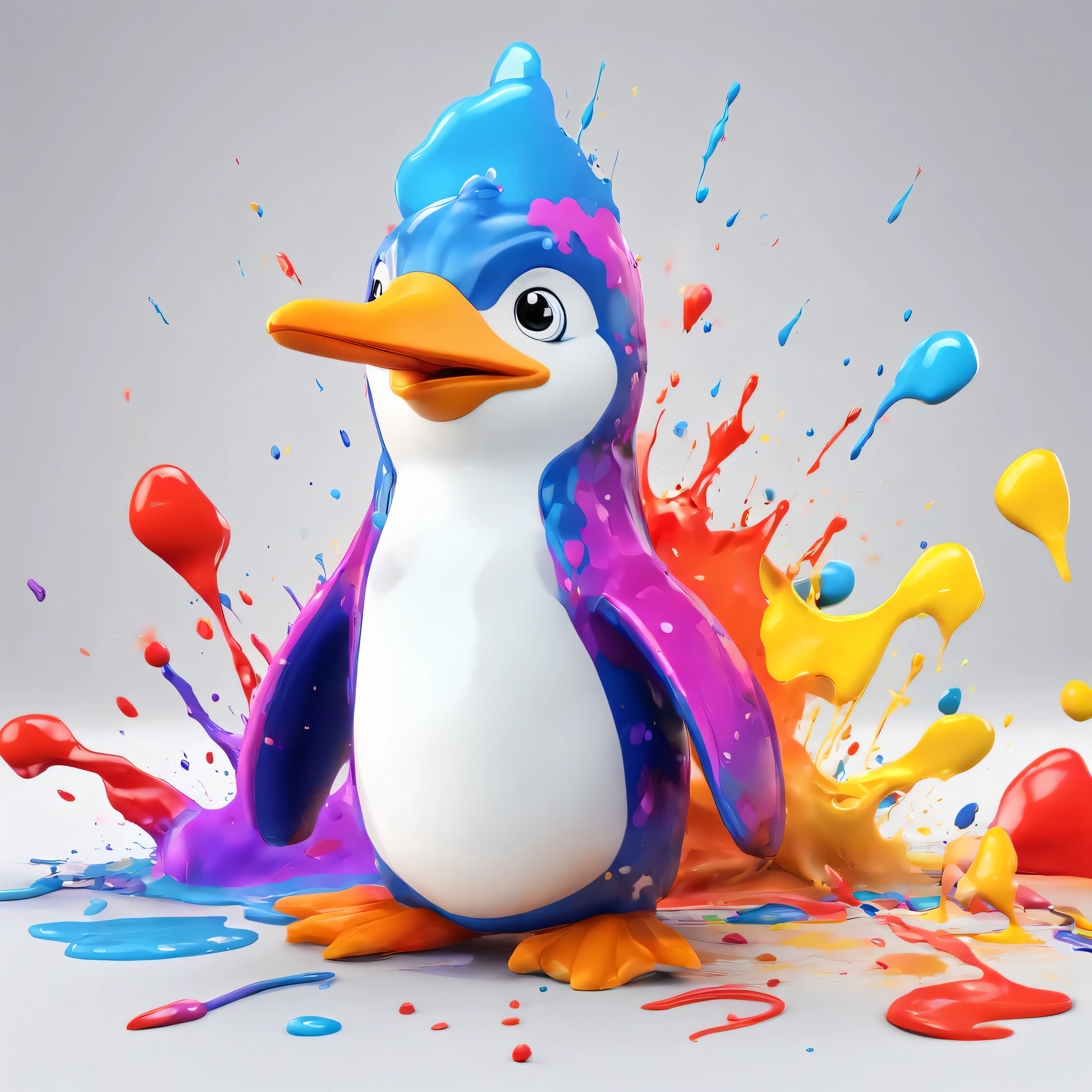 (masterpiece, highest quality, High resolution), white background, ((colorful paint splash, color splash, large amount of ink splash, color splash)), cute penguin mascot, 3D anime, Holding a paintbrush, innocent smile, front, whole body, bucket of paint,