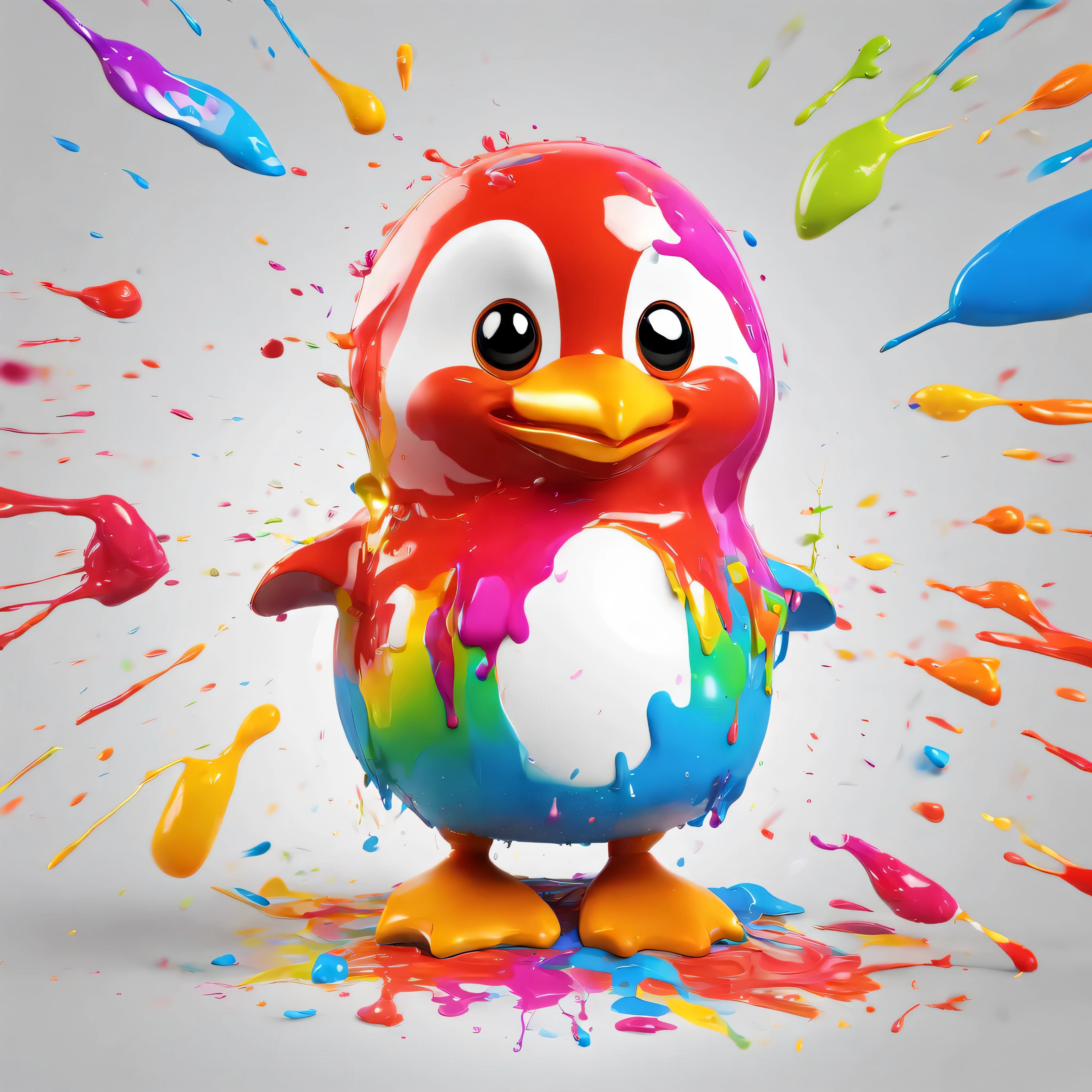 (masterpiece, highest quality, High resolution), white background, ((colorful paint splash, color splash, large amount of ink splash, color splash)), cute penguin mascot, 3D anime, Holding a paintbrush, innocent smile, front, whole body, bucket of paint,